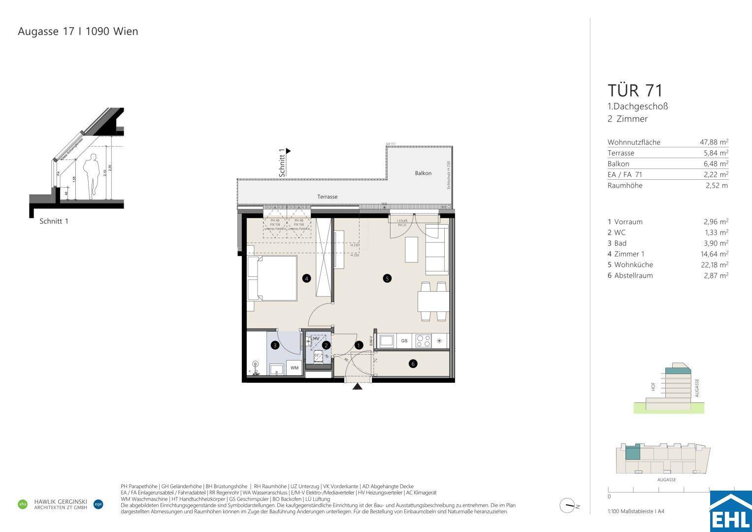 Grundriss einer modernen 2-Zimmer-Dachgeschosswohnung mit offener Wohnküche, separatem WC, Terrasse und Balkon.