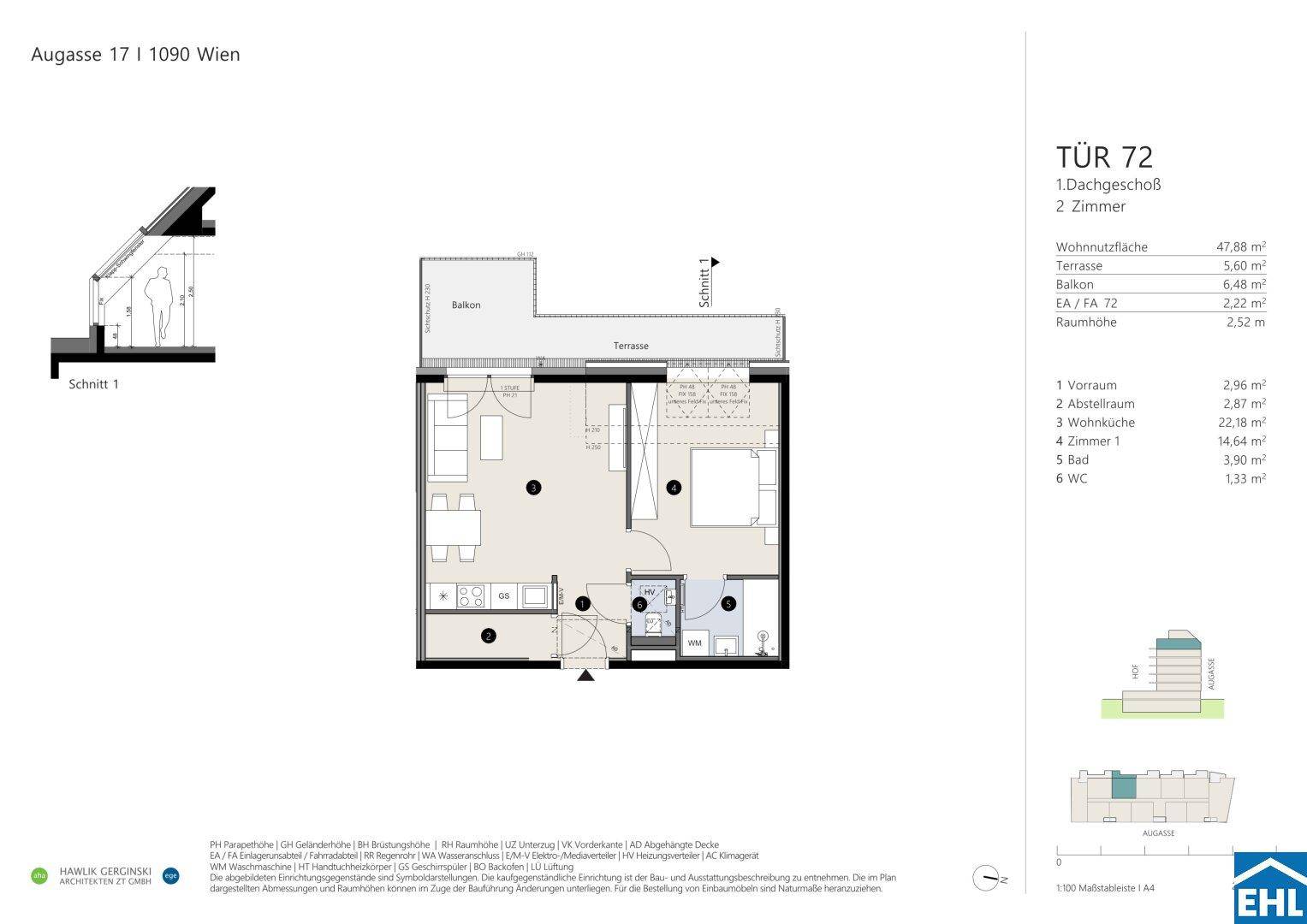 Grundriss einer modernen Dachgeschosswohnung mit offenem Wohnbereich, Schlafzimmer, Bad, separatem WC, Abstellraum, Terrasse und Balkon.
