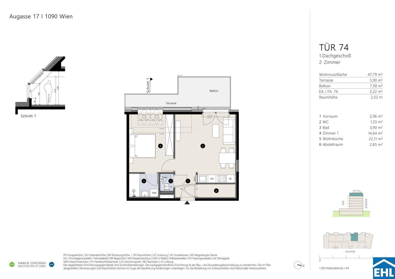 Grundriss einer 2-Zimmer-Dachgeschosswohnung mit offener Wohnküche, Terrasse und Balkon.