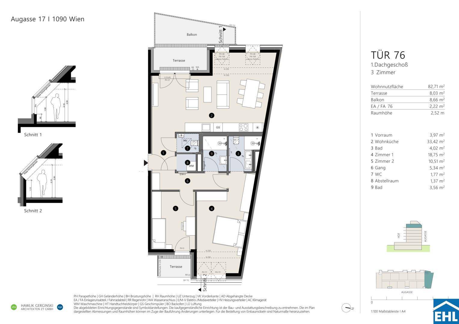 Grundriss einer Dachgeschosswohnung mit offenem Wohnbereich, zwei Bädern, separatem WC, Balkon und Terrasse.