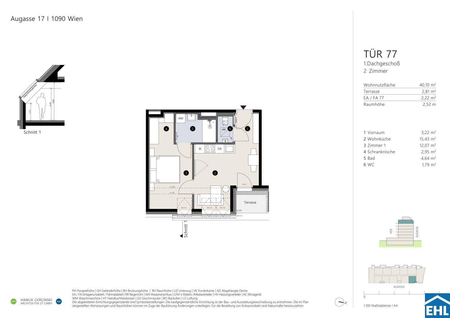 Grundriss einer 2-Zimmer-Dachgeschosswohnung mit offener Wohnküche, Schlafzimmer, Bad und einer kleinen Terrasse.