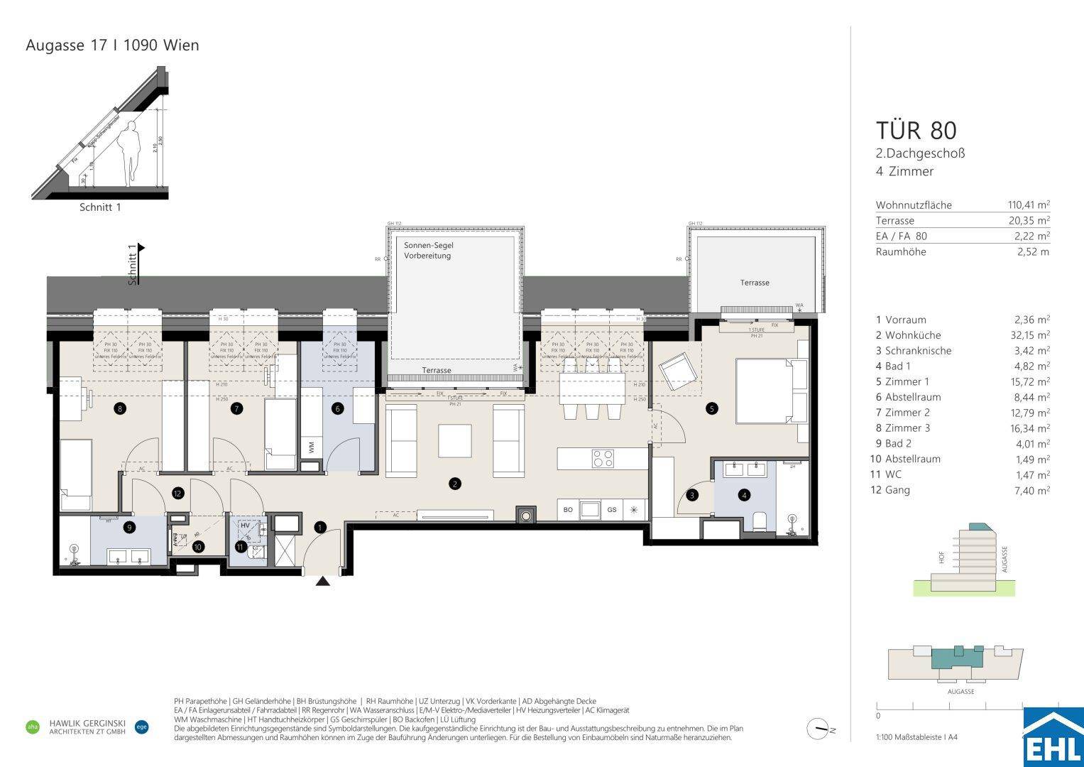 Grundriss einer 4-Zimmer-Dachgeschosswohnung mit offener Wohnküche, zwei Bädern und mehreren Terrassen.