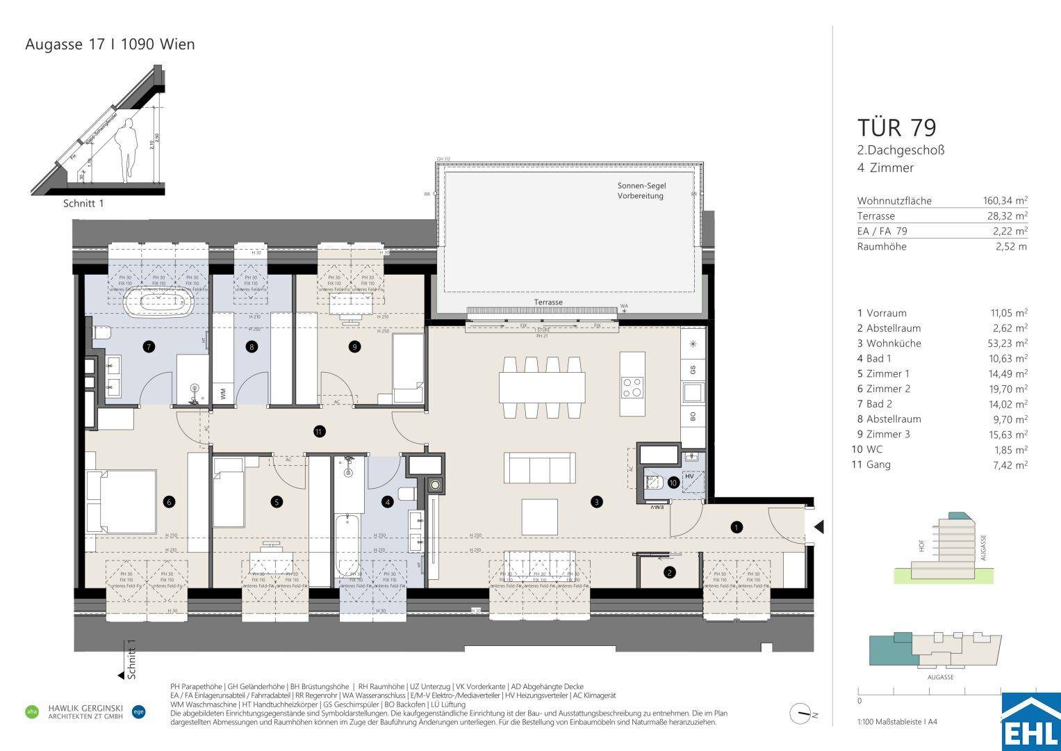 Grundriss einer Dachgeschosswohnung mit offenem Wohn-Essbereich, großer Dachterrasse und zwei Bädern.