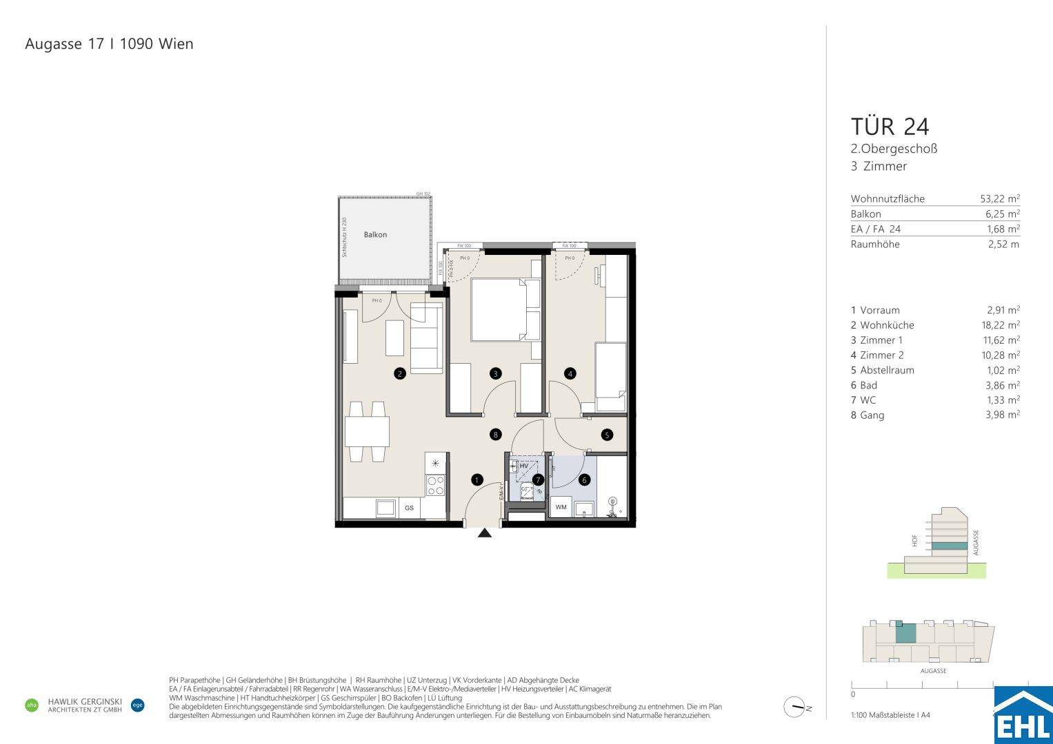 Grundriss der Wohnung Tür 24 mit drei Zimmern, offenem Wohnbereich, Balkon und separatem WC.