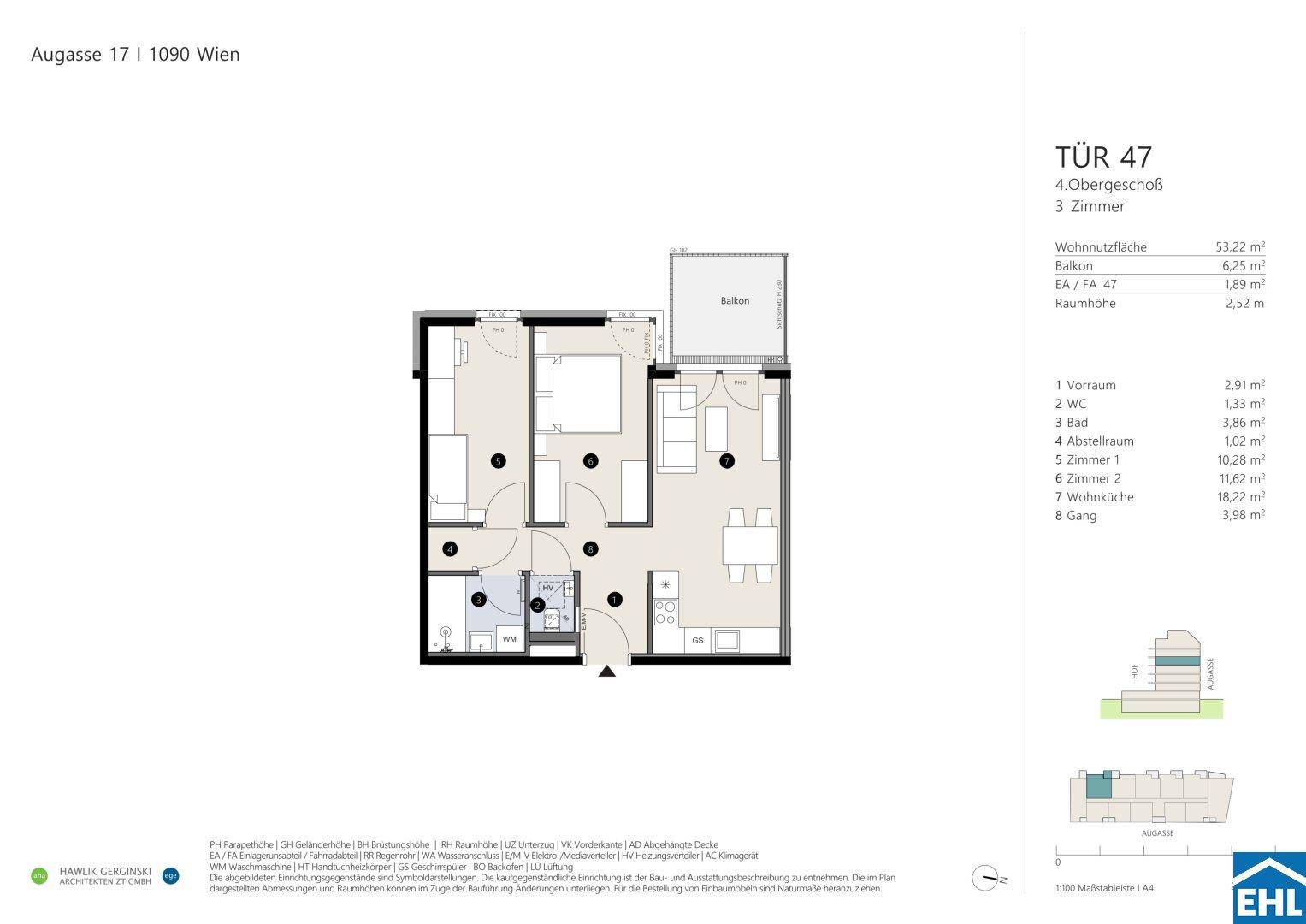 Grundriss einer 3-Zimmer-Wohnung im 4. Obergeschoss mit Balkon und separatem WC.