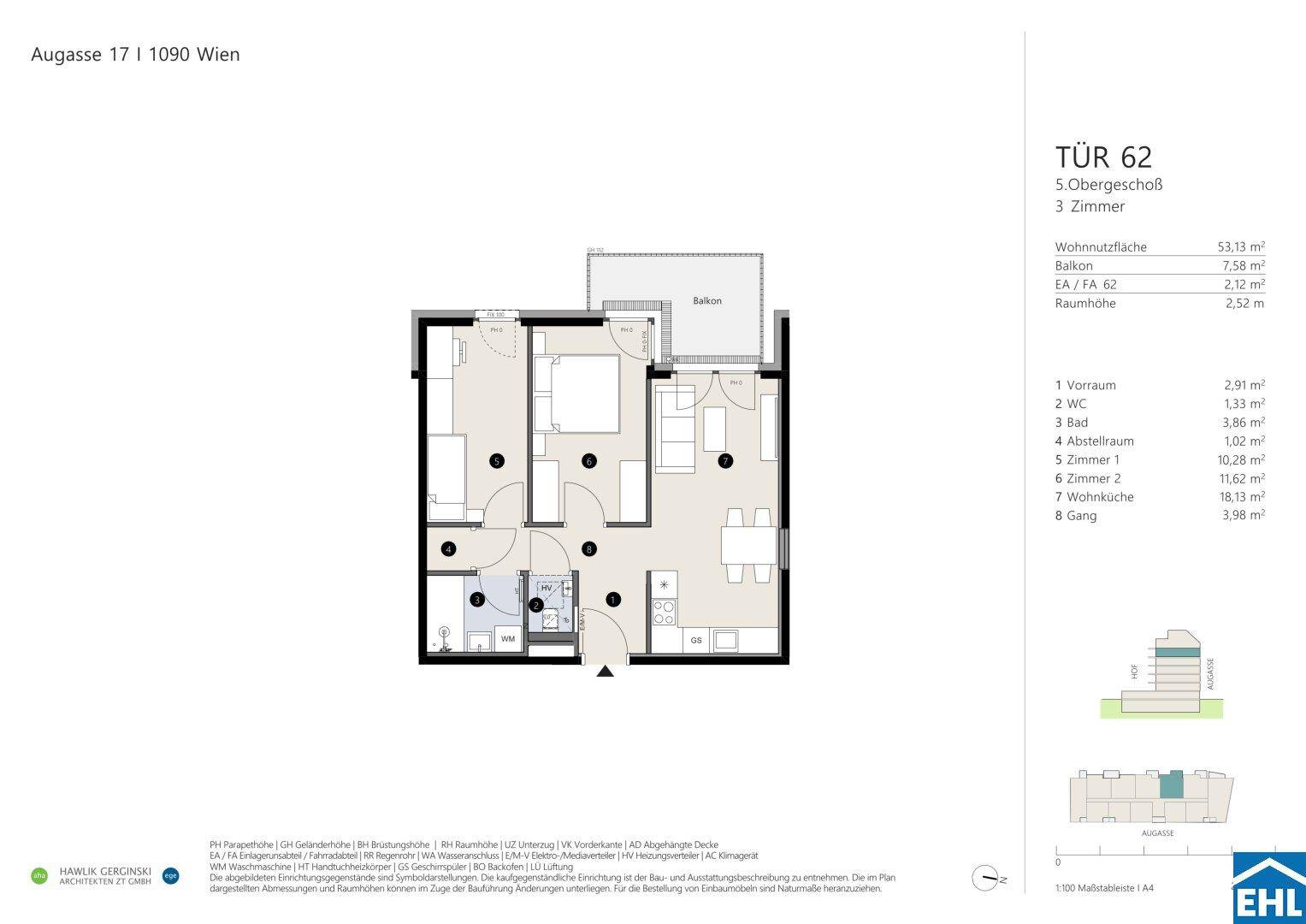Grundriss einer Wohnung mit drei Zimmern, Balkon und separatem WC im Obergeschoss.