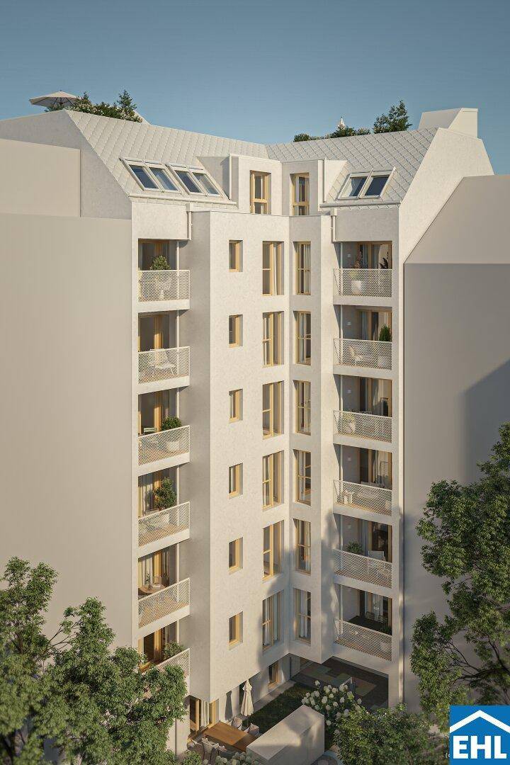 Architektonische Visualisierung eines modernen Wohngebäudes mit Balkonen und Mansarddach.