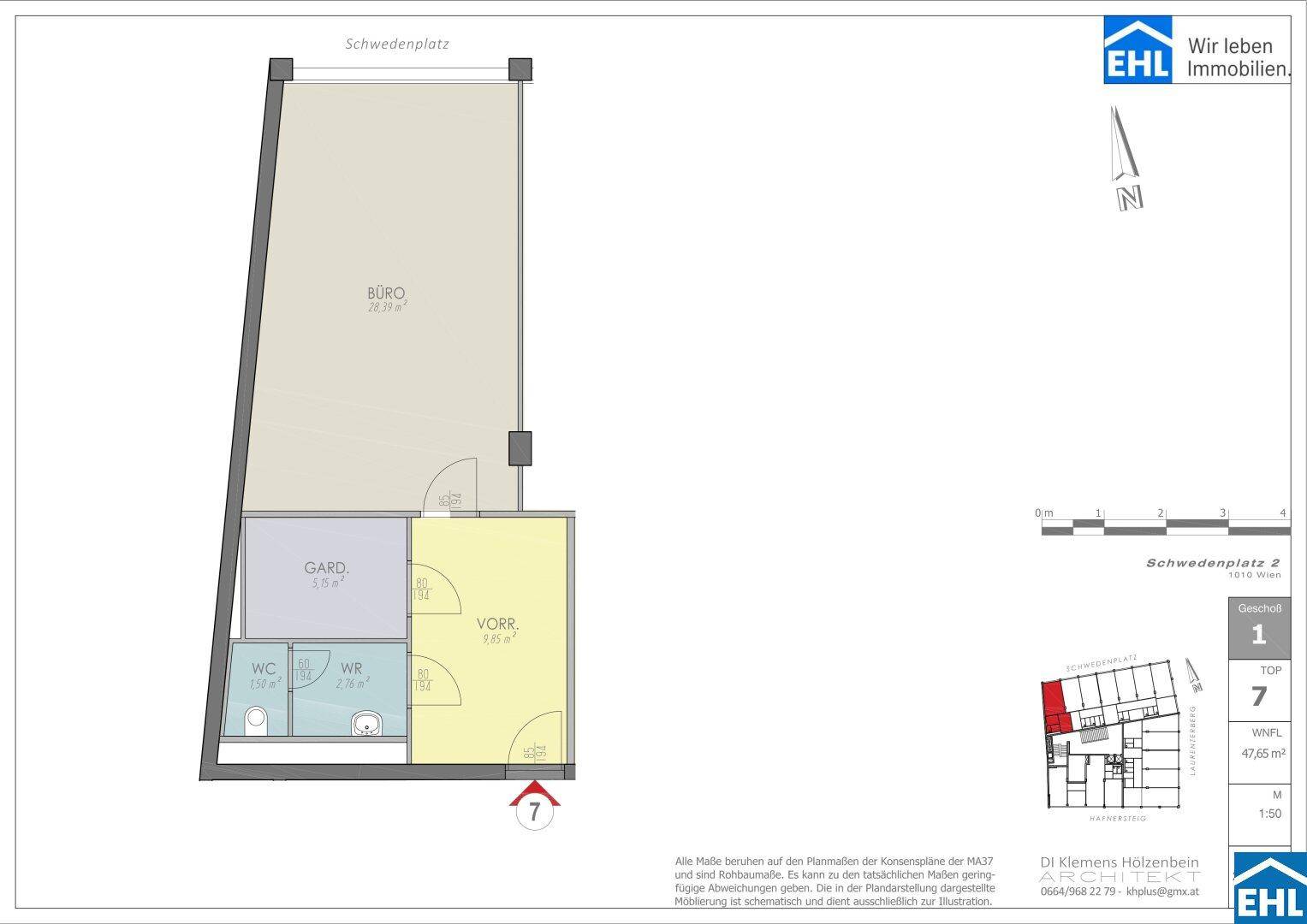Grundrissplan für ein Büro mit Hauptbereich, Lager, WC und Nebenräumen.