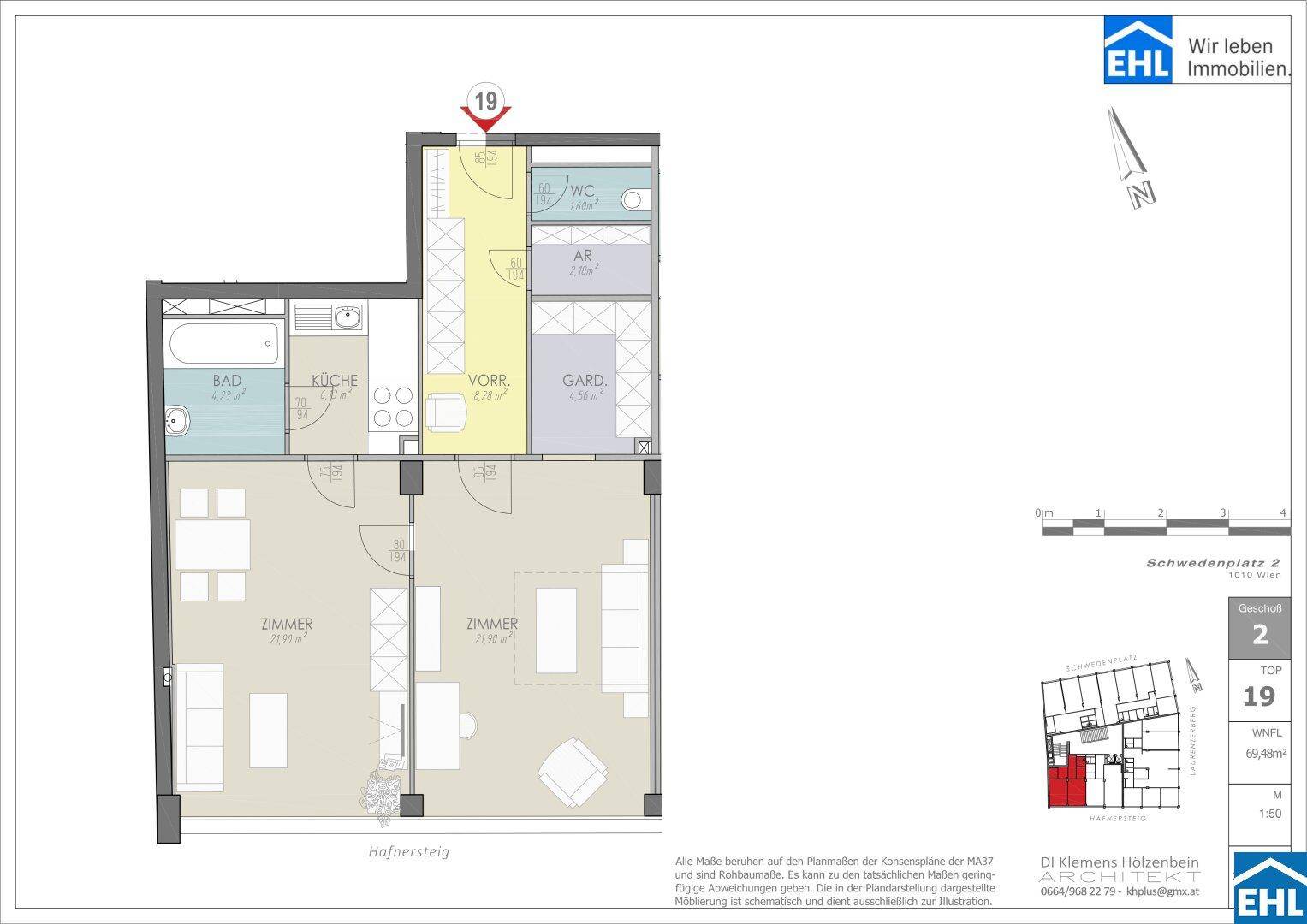 Grundriss der Wohnung Top 19 im zweiten Geschoss mit 69m² Wohnfläche.
