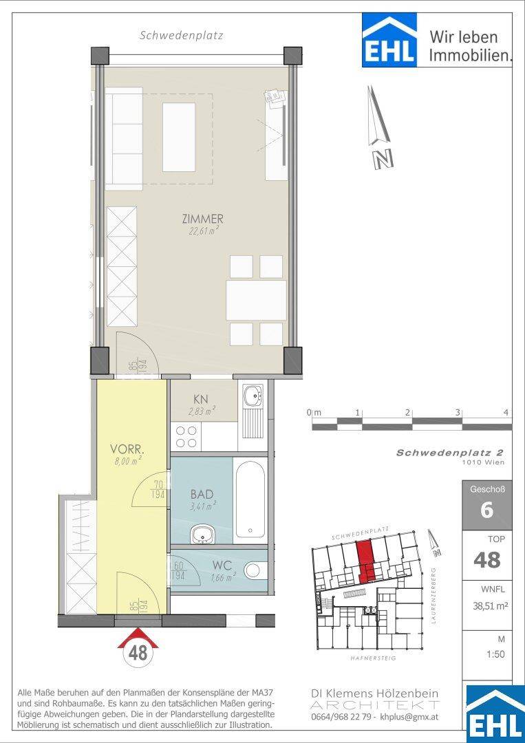 Grundriss der Wohnung Top 48 im 6. Geschoss mit 38,51 m² Wohnfläche.