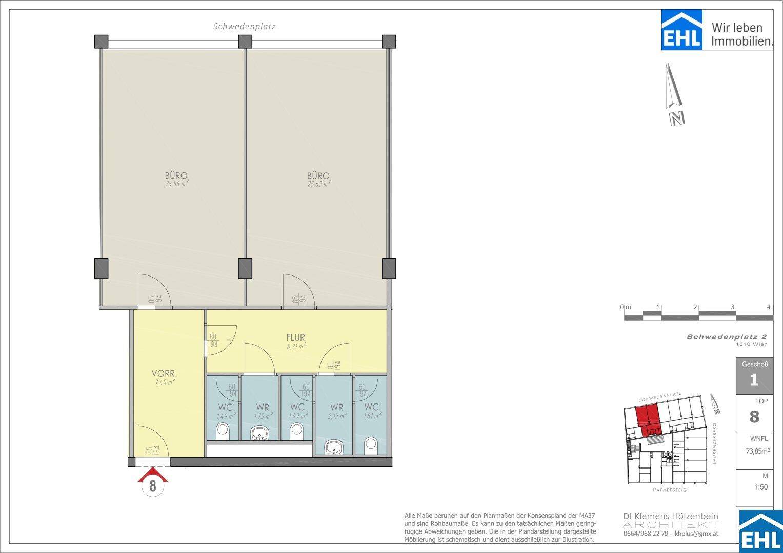 Grundrissplan zeigt zwei Büroräume, einen Flur, einen Vorraum und mehrere separate Toiletten.
