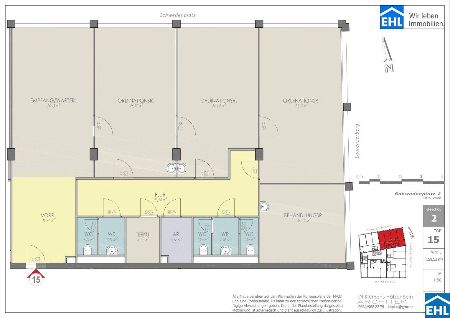 Übersichtlicher Grundrissplan einer Etage mit mehreren Büroräumen, Empfangsbereich und Teeküche.