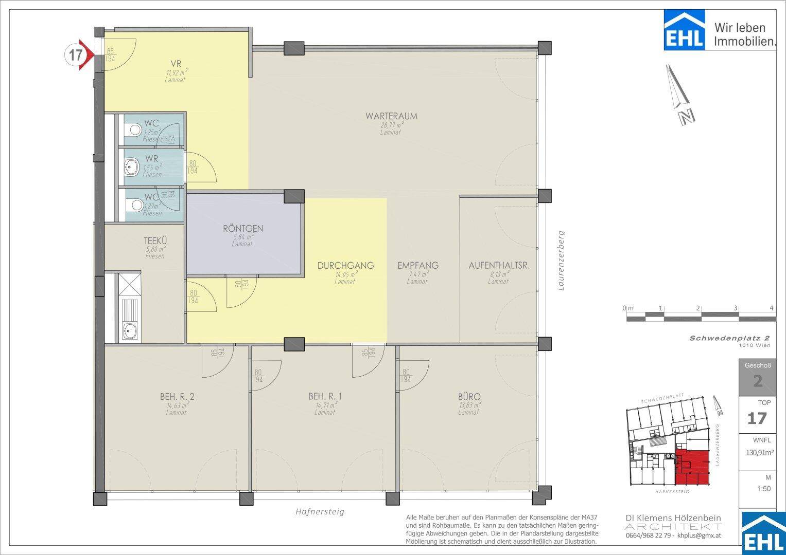 Grundriss einer Wohnung mit mehreren Zimmern, darunter ein Büro, eine Teeküche und separate Toiletten.