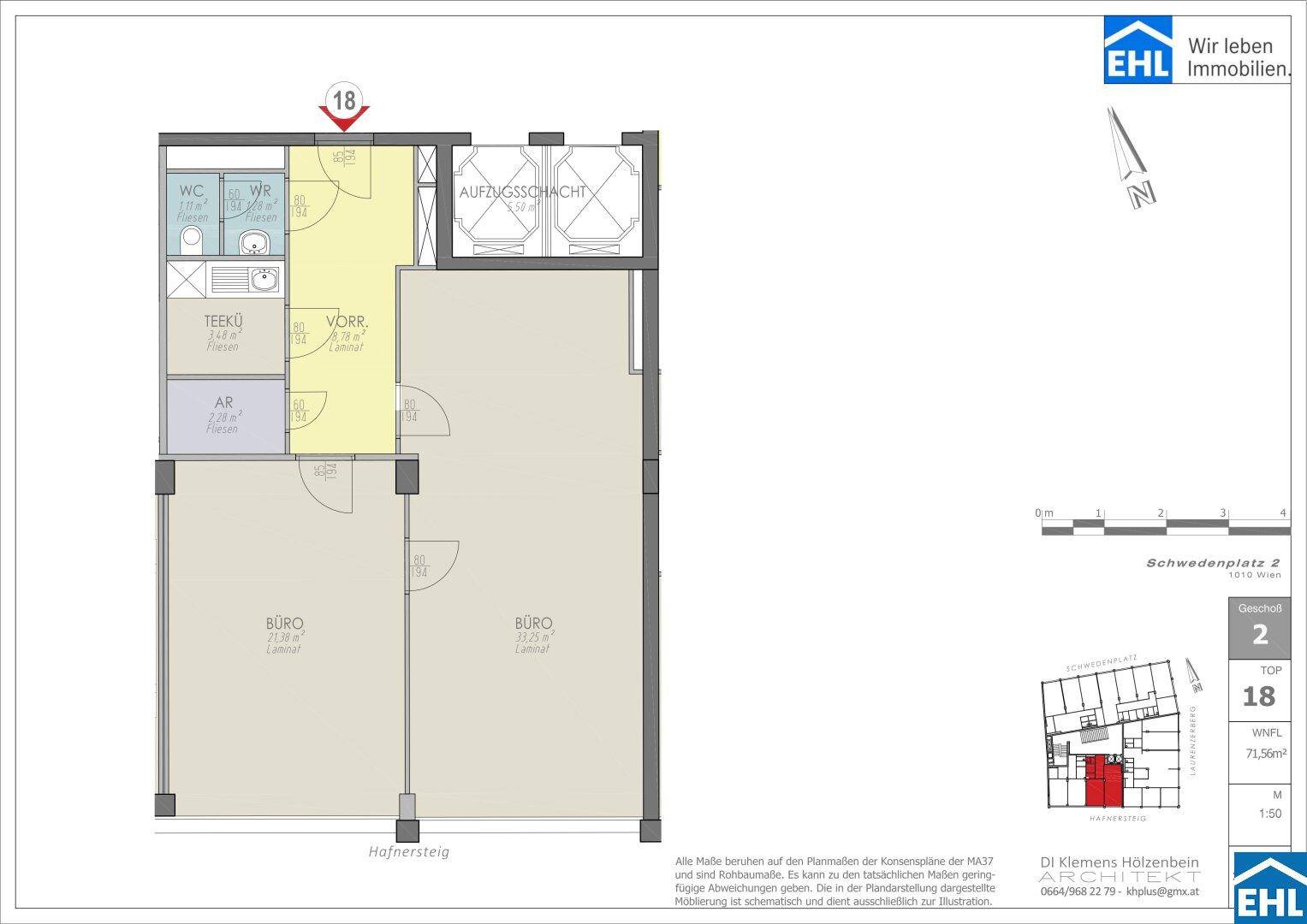 Grundrissplan einer Büroeinheit mit zwei Büroräumen, Teeküche, WC und Abstellräumen.