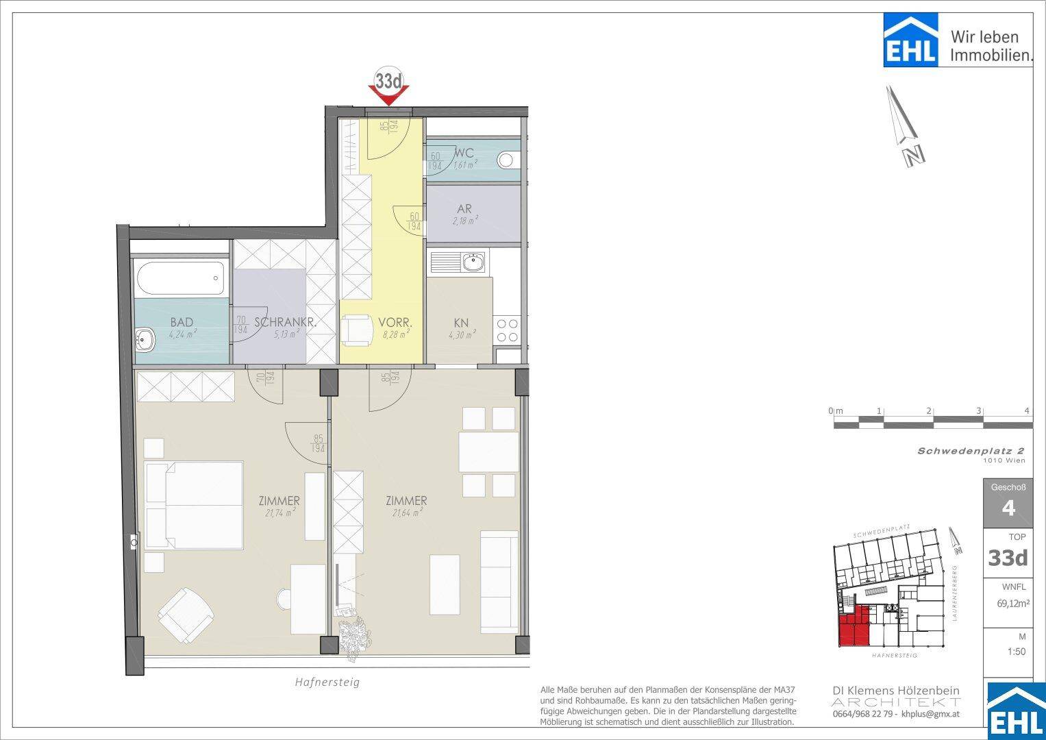 Grundriss einer Wohnung mit zwei Zimmern, separater Küche, Bad, WC und Abstellraum.