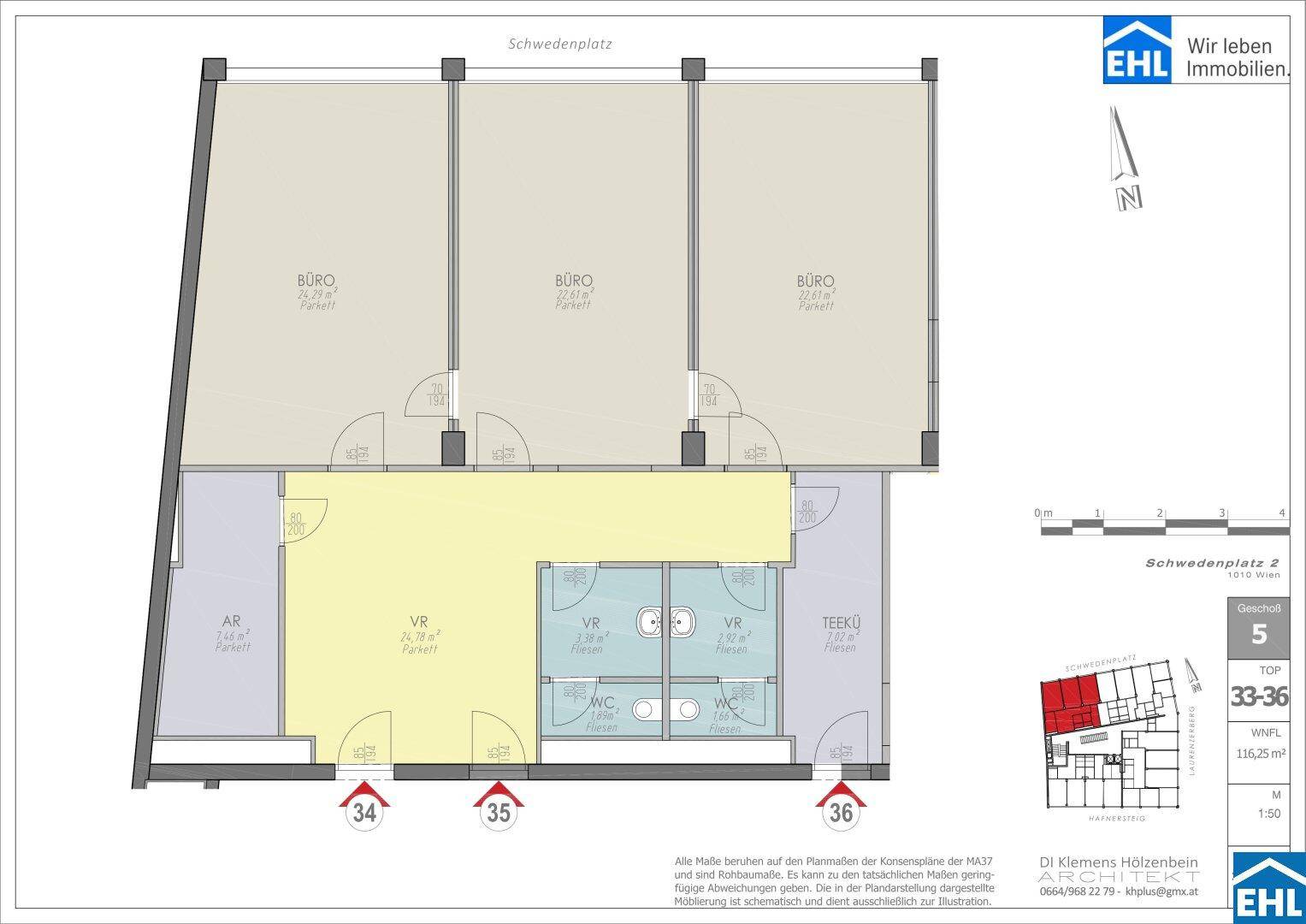 Grundrissplan mit drei Büroräumen, einem Vorraum, einer Teeküche und separaten Toiletten.