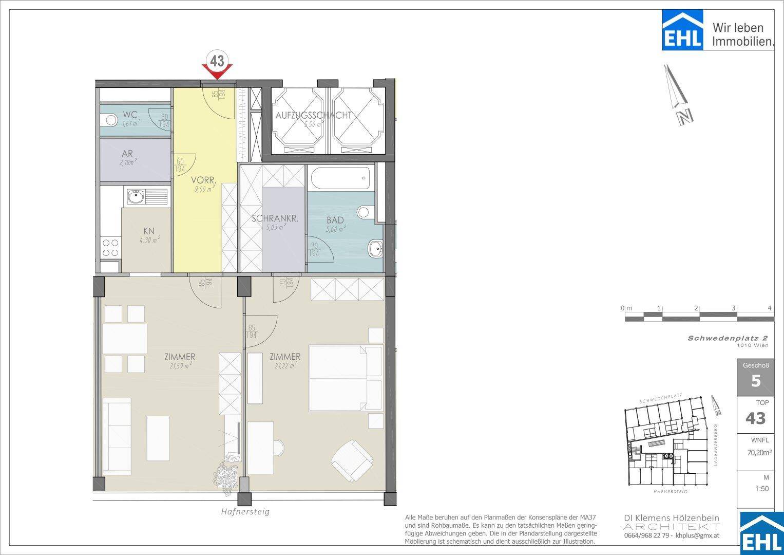 Detaillierter Grundriss einer 70,20m² Wohnung mit zwei Zimmern, Kochnische, Bad und separatem WC.