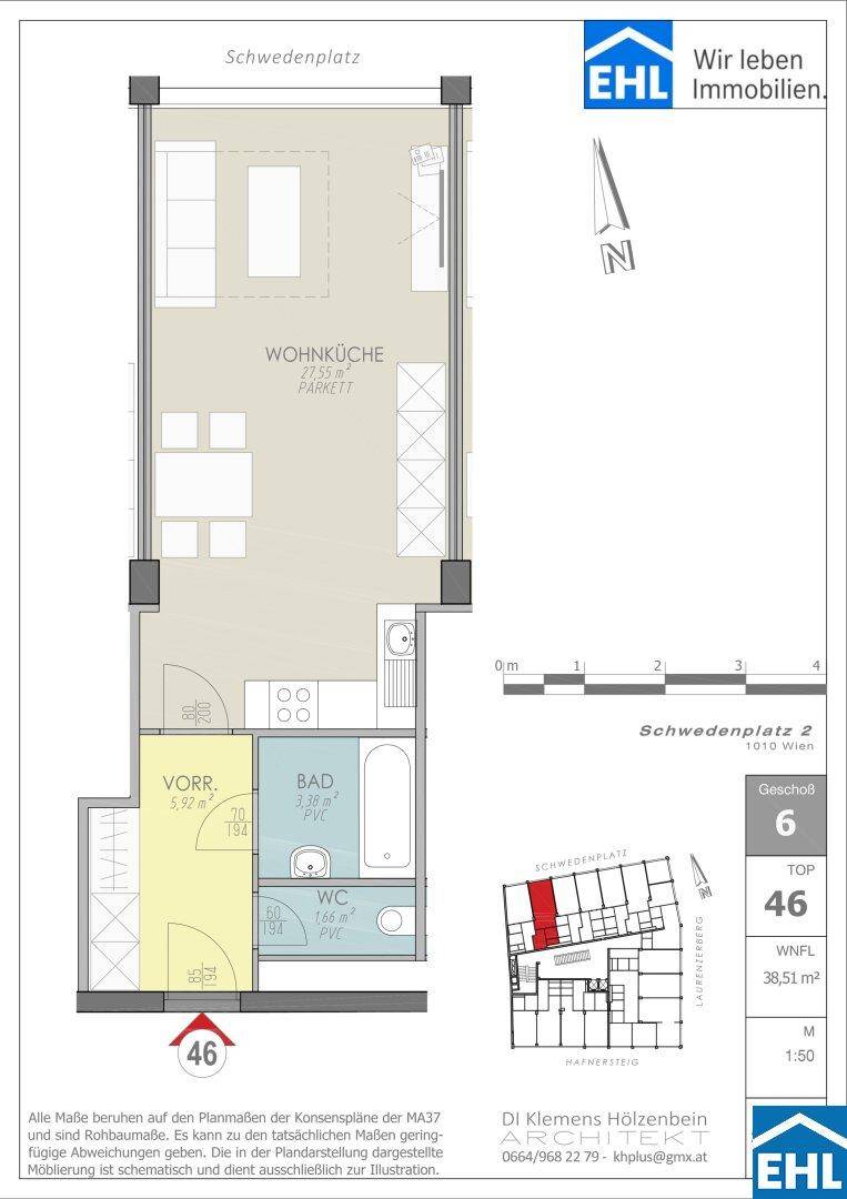 Grundriss einer Wohnung mit offener Wohnküche, separatem Bad und WC sowie einem praktischen Vorraum.