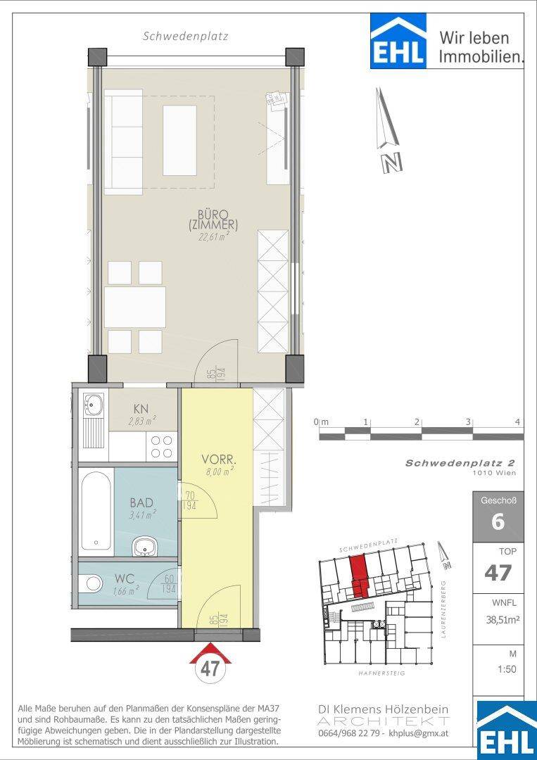 Grundriss einer Wohnung mit offenem Wohn-/Bürobereich, separatem WC und Bad mit Badewanne.