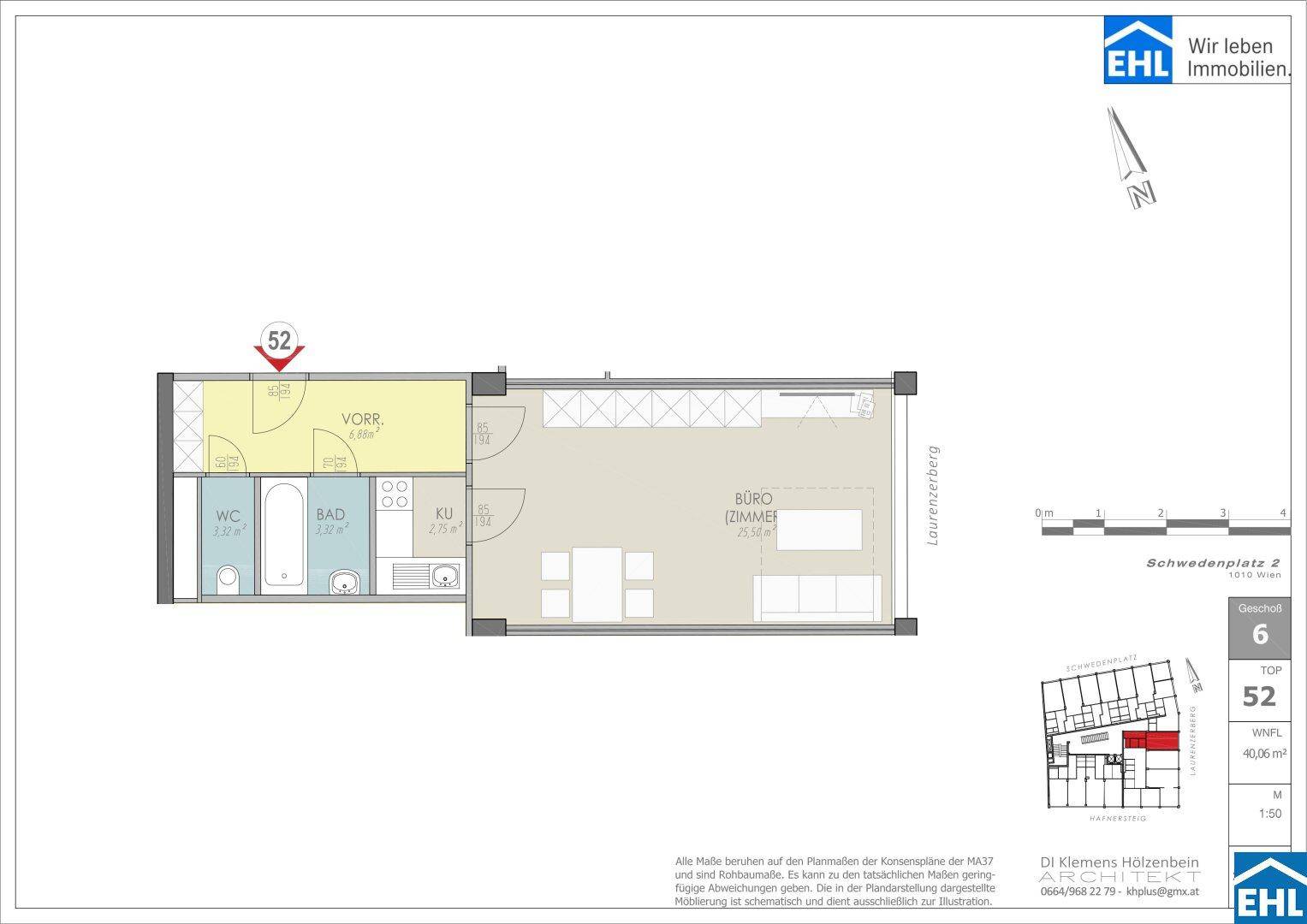 Detaillierter Grundriss einer kompakten Wohnung mit einem Zimmer, separatem Bad, WC und kleinem Balkon.