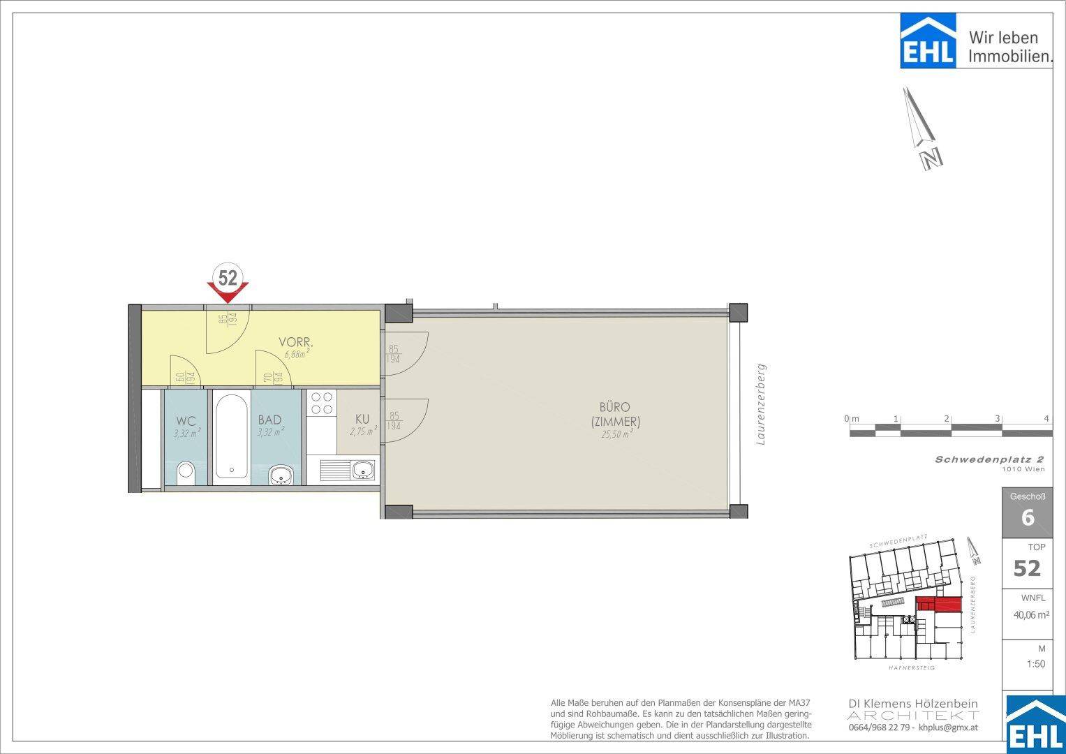 Detaillierter Grundriss einer kompakten Wohnung mit einem Zimmer, separatem Bad, WC und kleinem Balkon.