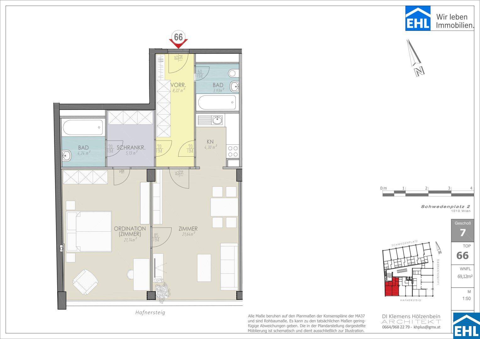 Grundriss einer Wohnung mit zwei Bädern, zwei Zimmern und einer integrierten Kochnische.