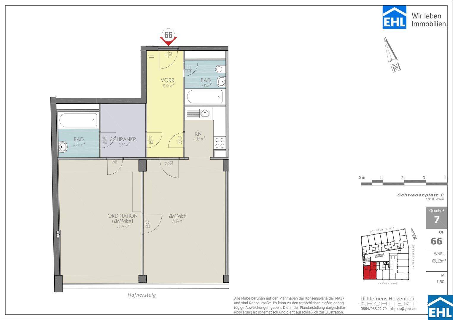 Grundriss einer Wohnung mit zwei Bädern, zwei Zimmern und einer integrierten Kochnische.