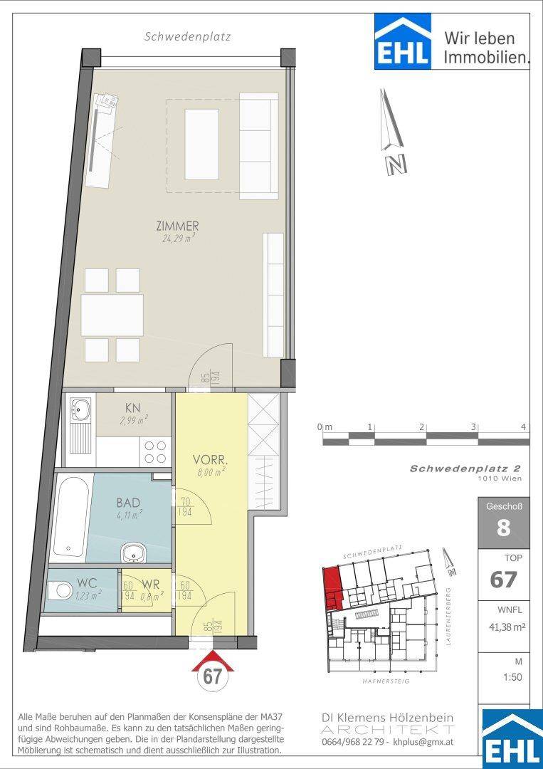 Grundrissplan einer Wohnung mit offenem Wohnbereich, separatem Bad und WC sowie einer Kochnische.