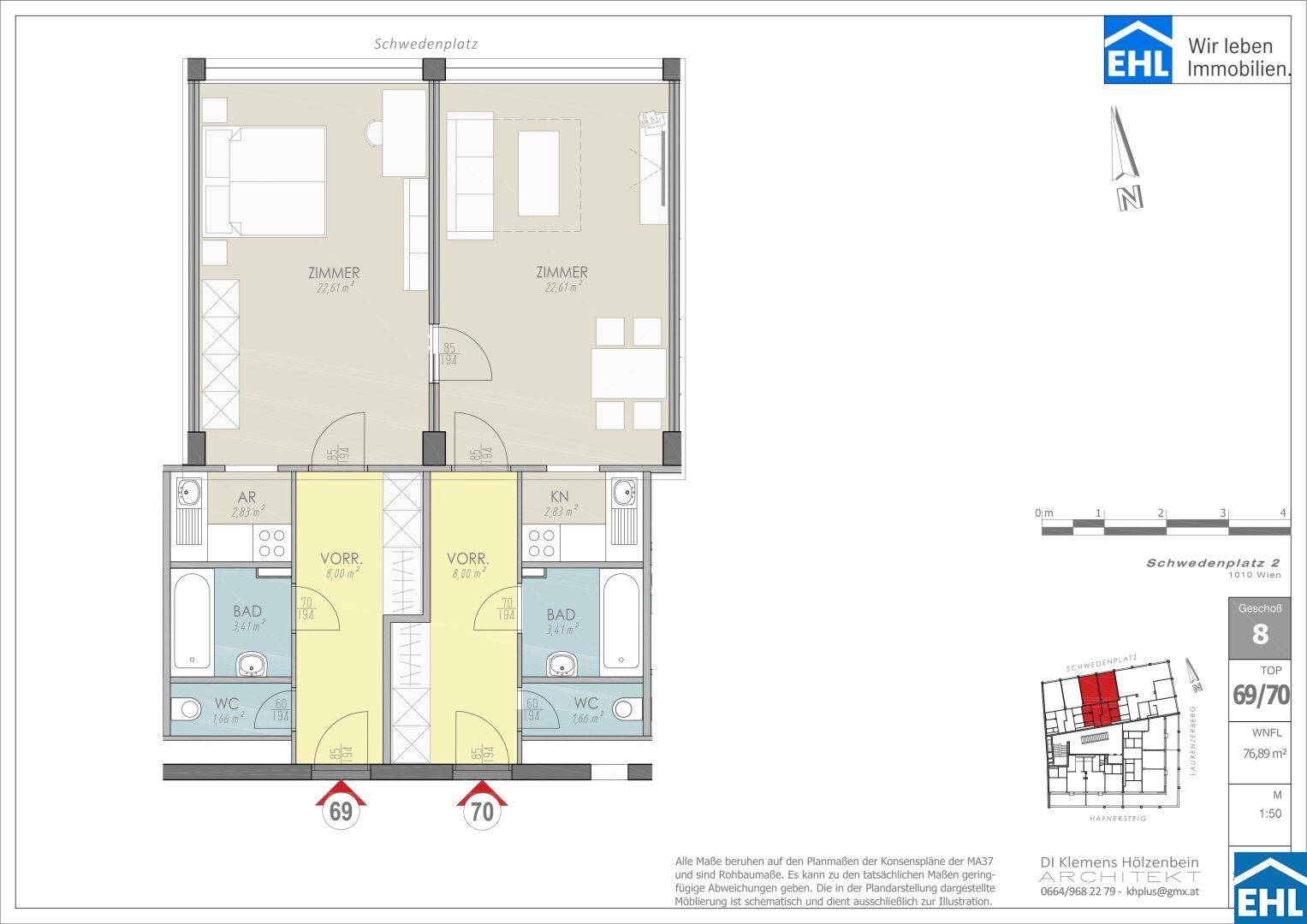 Grundrissplan zeigt zwei separate Wohneinheiten mit jeweils einem Bad, separatem WC und Stauraum.