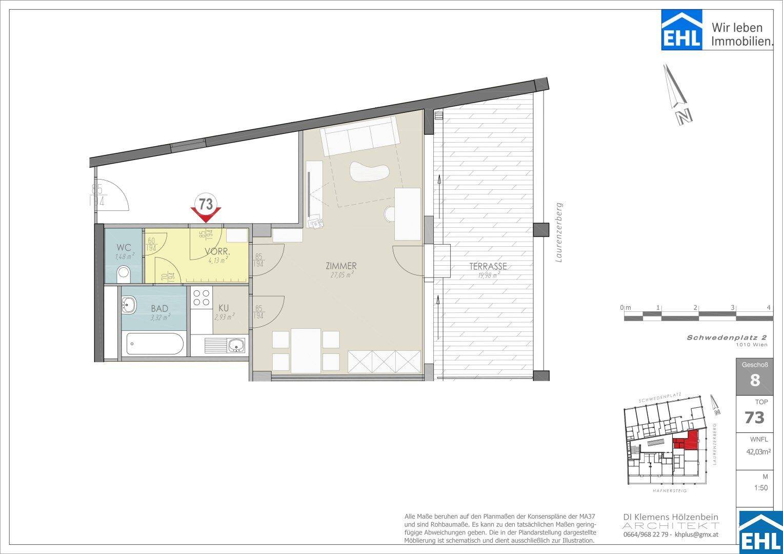 Grundriss der Wohnung TOP 73 mit offenem Wohnbereich, separatem WC und großer Terrasse.