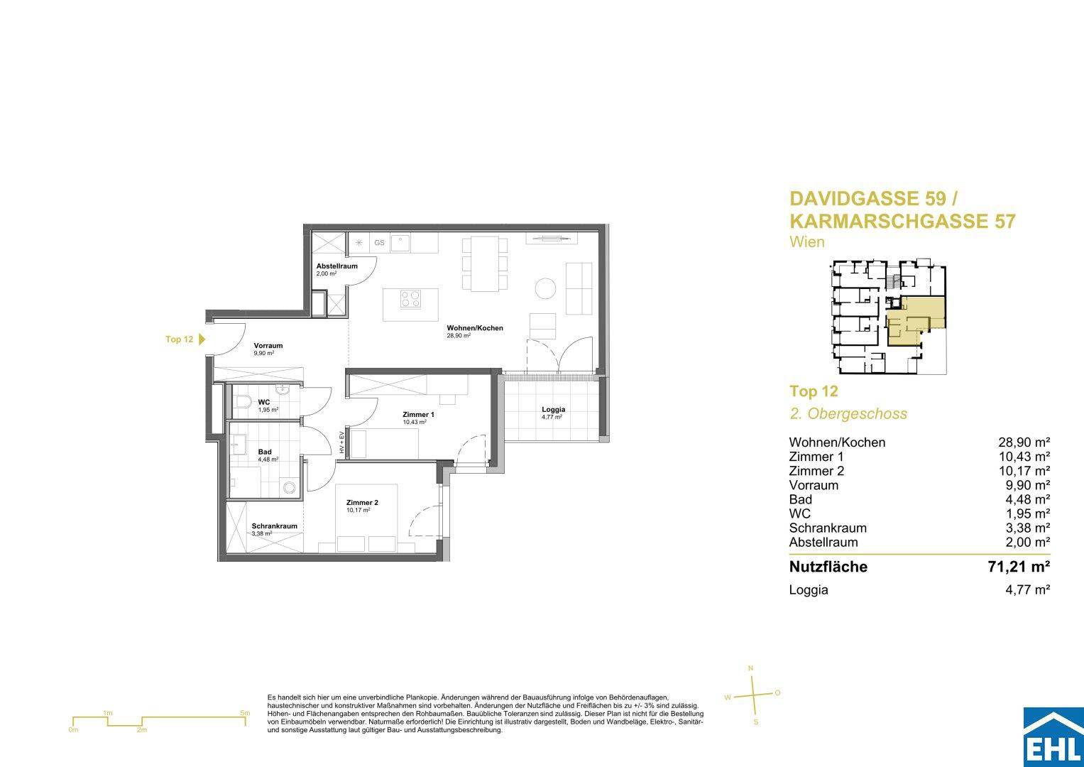 Grundriss einer Wohnung mit Wohnküche, zwei Zimmern, Bad und Loggia auf 71,21 m² Nutzfläche.