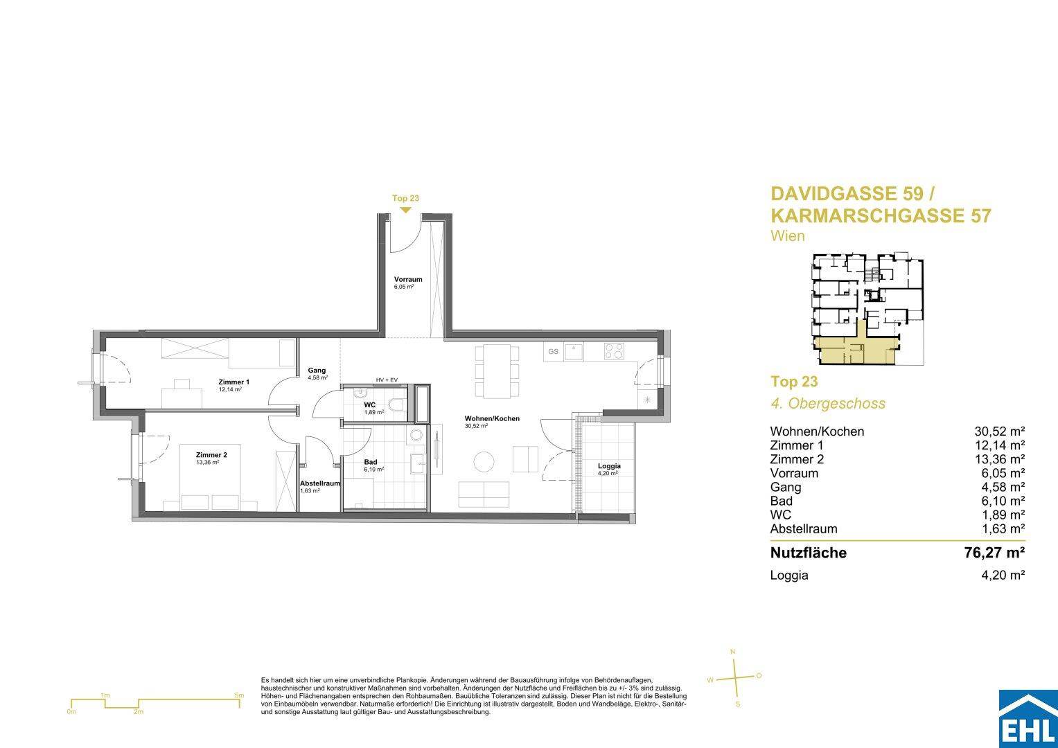 Grundriss einer Wohnung im 4. Obergeschoss mit Loggia und separatem WC.