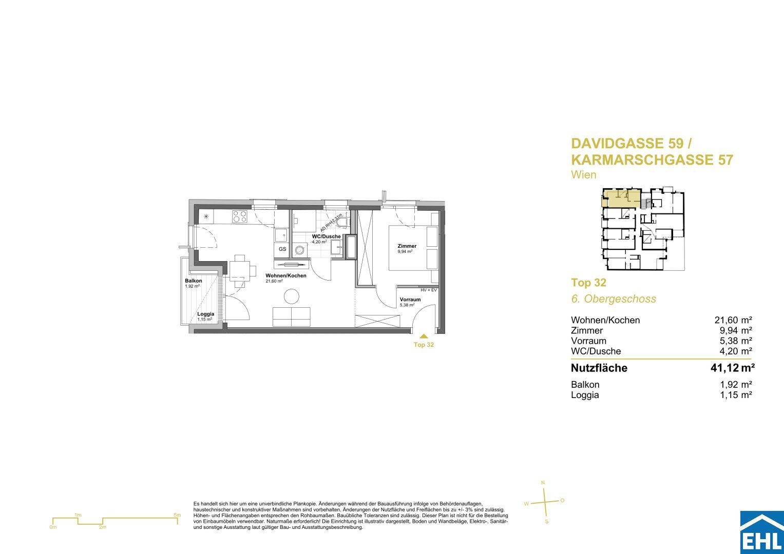 Grundriss der Wohnung Top 32 im 6. Obergeschoss mit Balkon und Loggia.