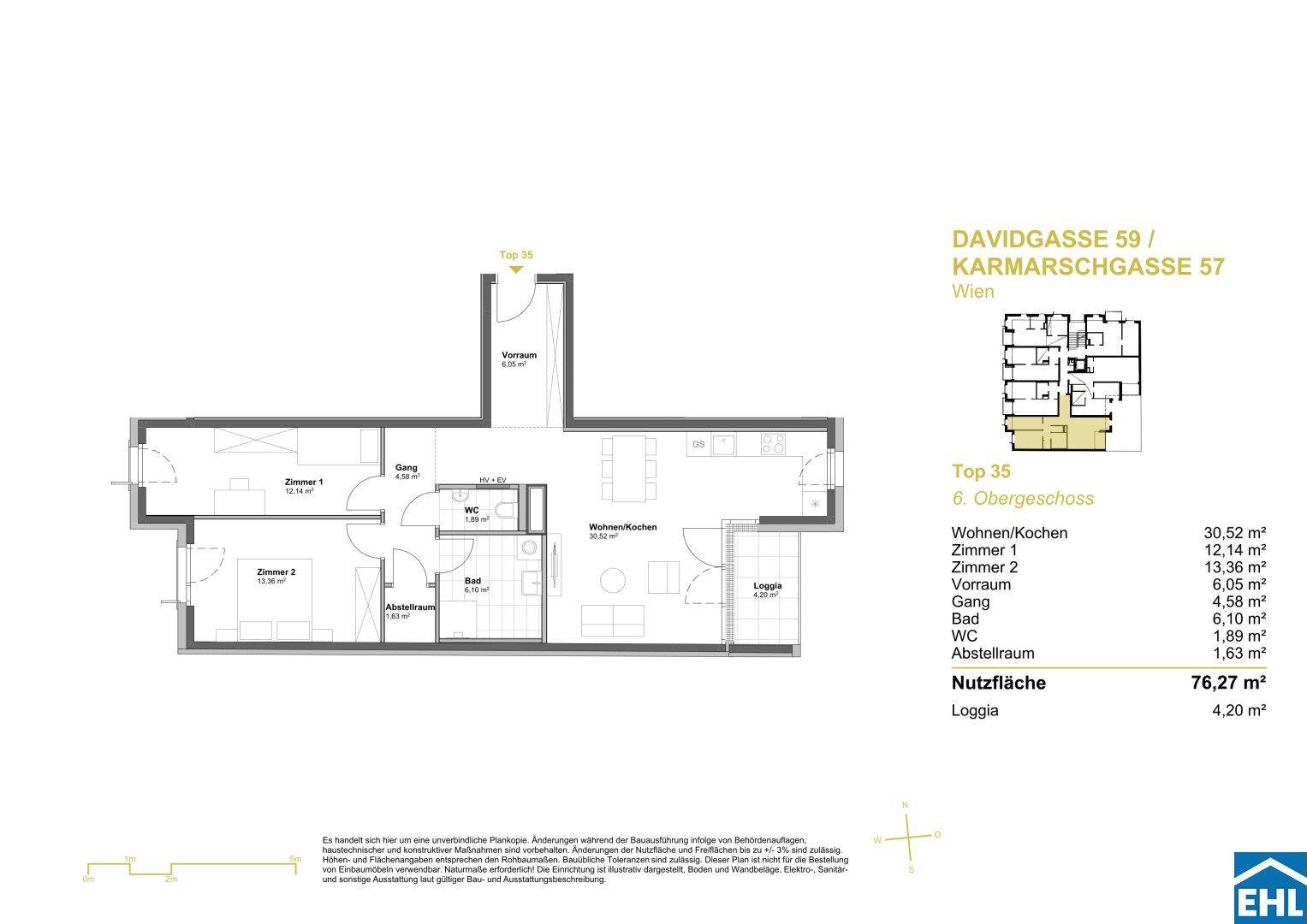 Grundriss einer Wohnung mit drei Zimmern, Loggia und separatem WC.