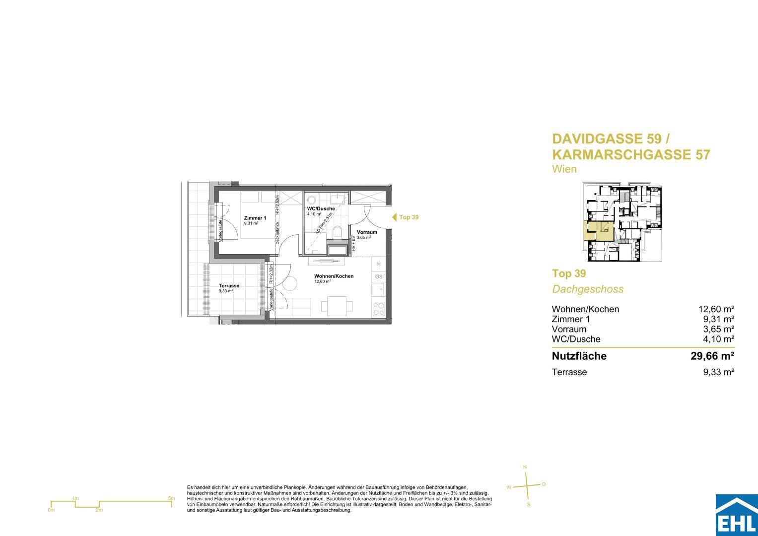Grundriss einer Dachgeschosswohnung mit Wohn-/Kochbereich, Zimmer und Terrasse.