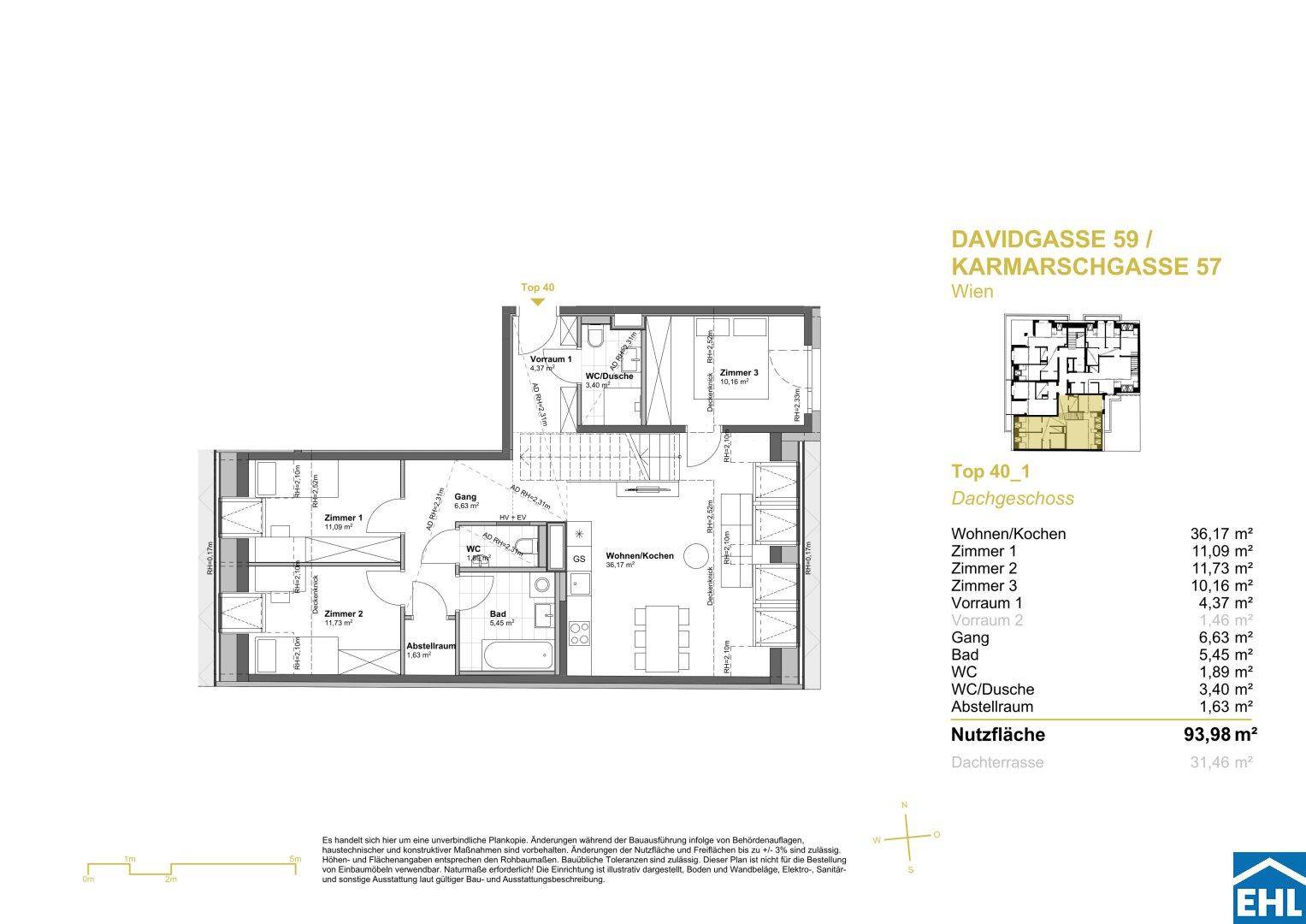 Detaillierter Grundriss einer Dachgeschosswohnung mit offenem Wohnbereich und großer Dachterrasse.