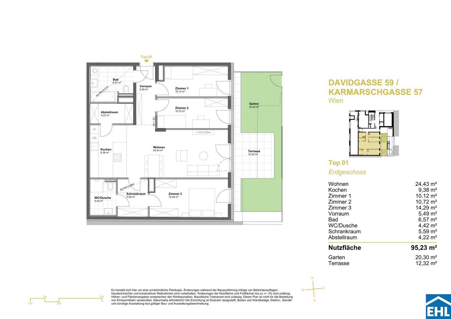 Grundriss der Erdgeschosswohnung mit Wohnbereich, drei Zimmern, Terrasse und Garten.
