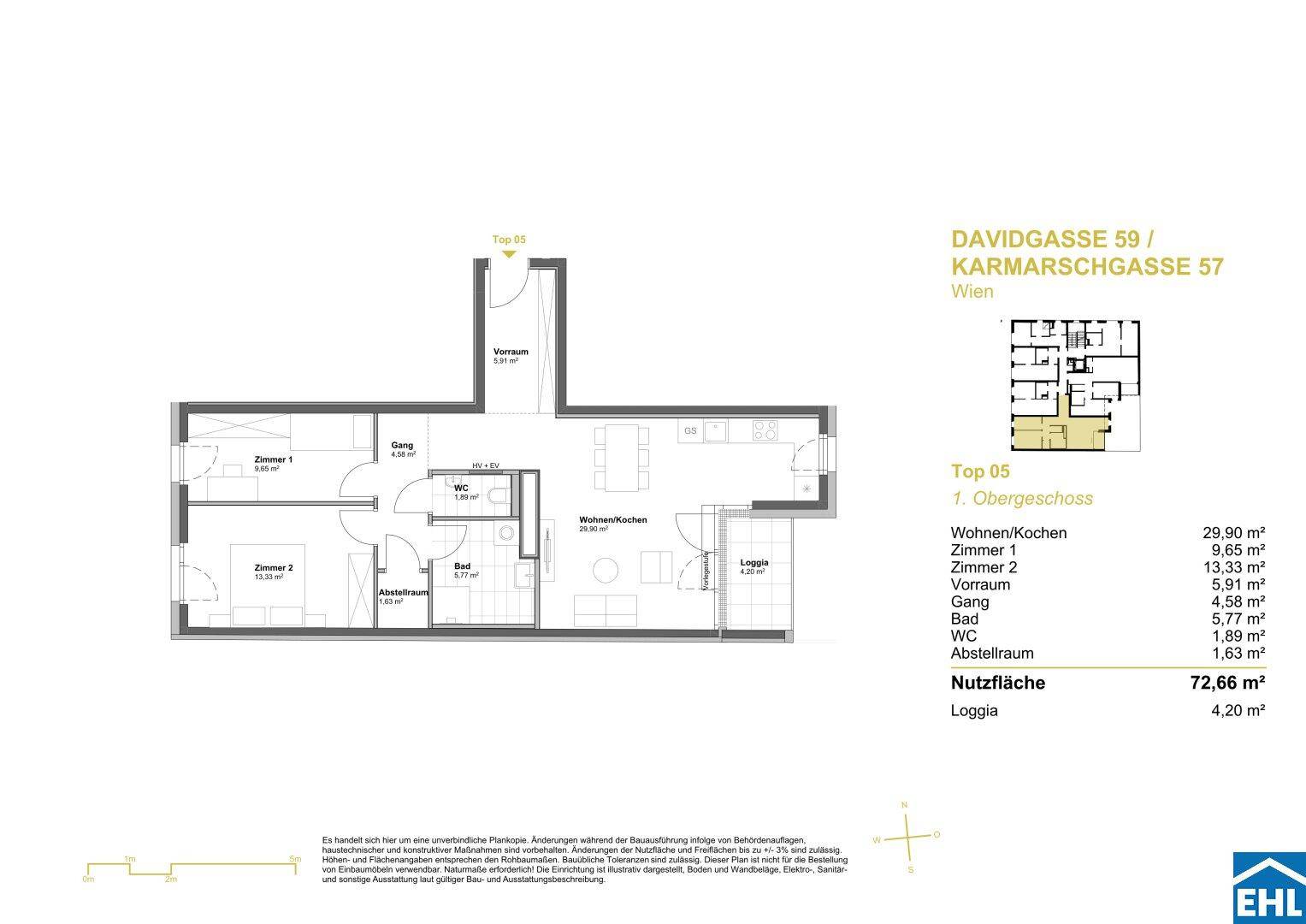 Grundriss einer Wohnung im Obergeschoss mit Wohn-/Kochbereich, zwei Zimmern und Loggia.