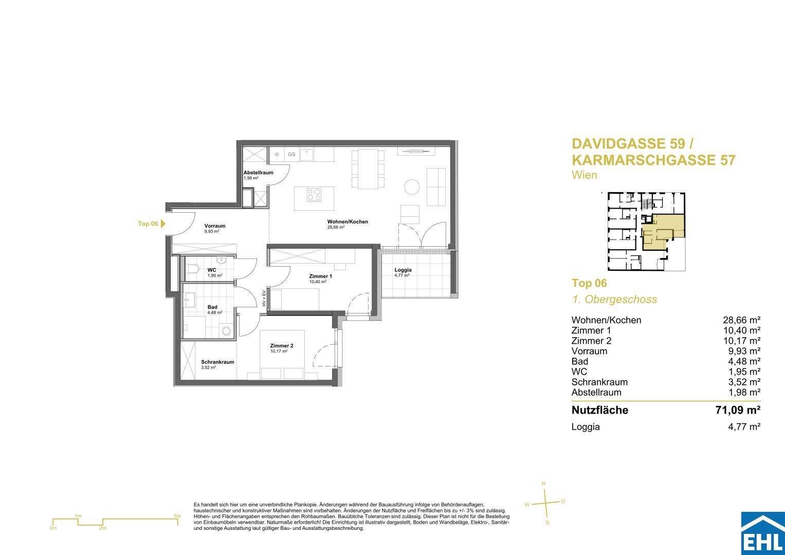 Grundriss für Top 06 im 1. Obergeschoss mit Wohnküche, zwei Zimmern und Loggia.