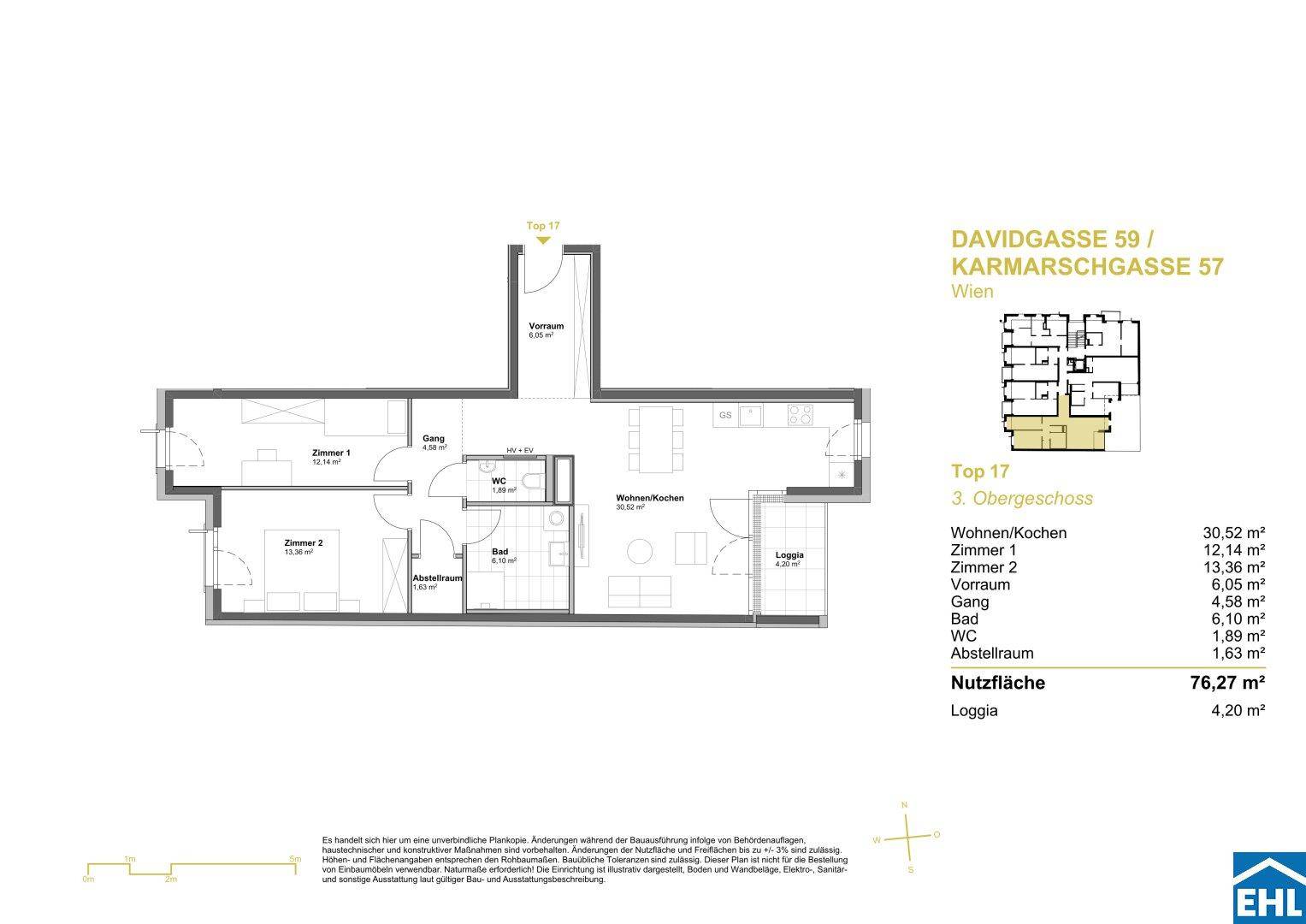 Grundriss der Wohnung Top 17 im 3. Obergeschoss mit offenem Wohn-/Kochbereich und Loggia.