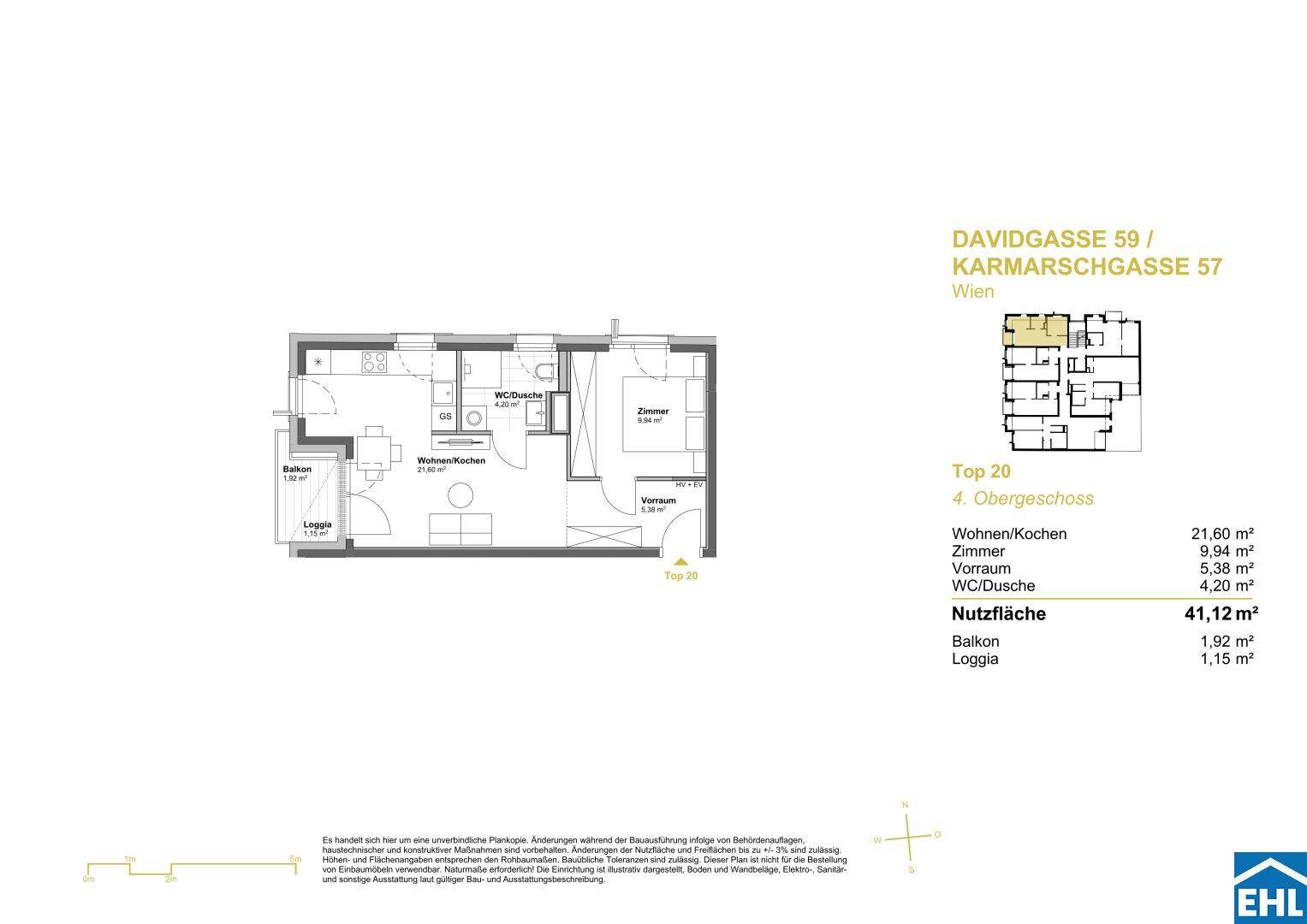 Grundriss einer Wohnung mit Balkon und Loggia, inklusive Raumaufteilung und Flächenangaben.