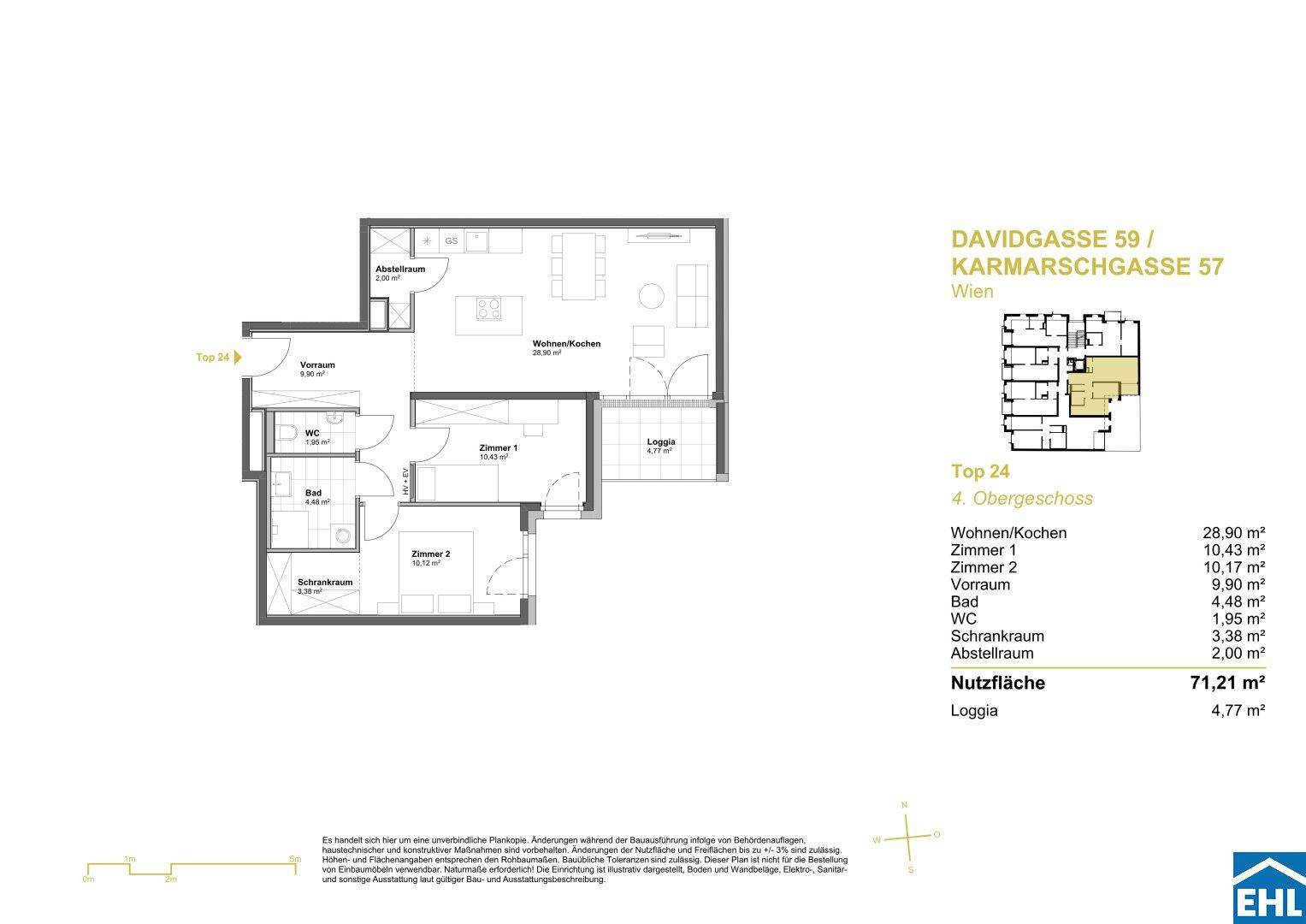Grundriss einer Wohnung im 4. Obergeschoss mit Wohnküche, zwei Zimmern und Loggia.