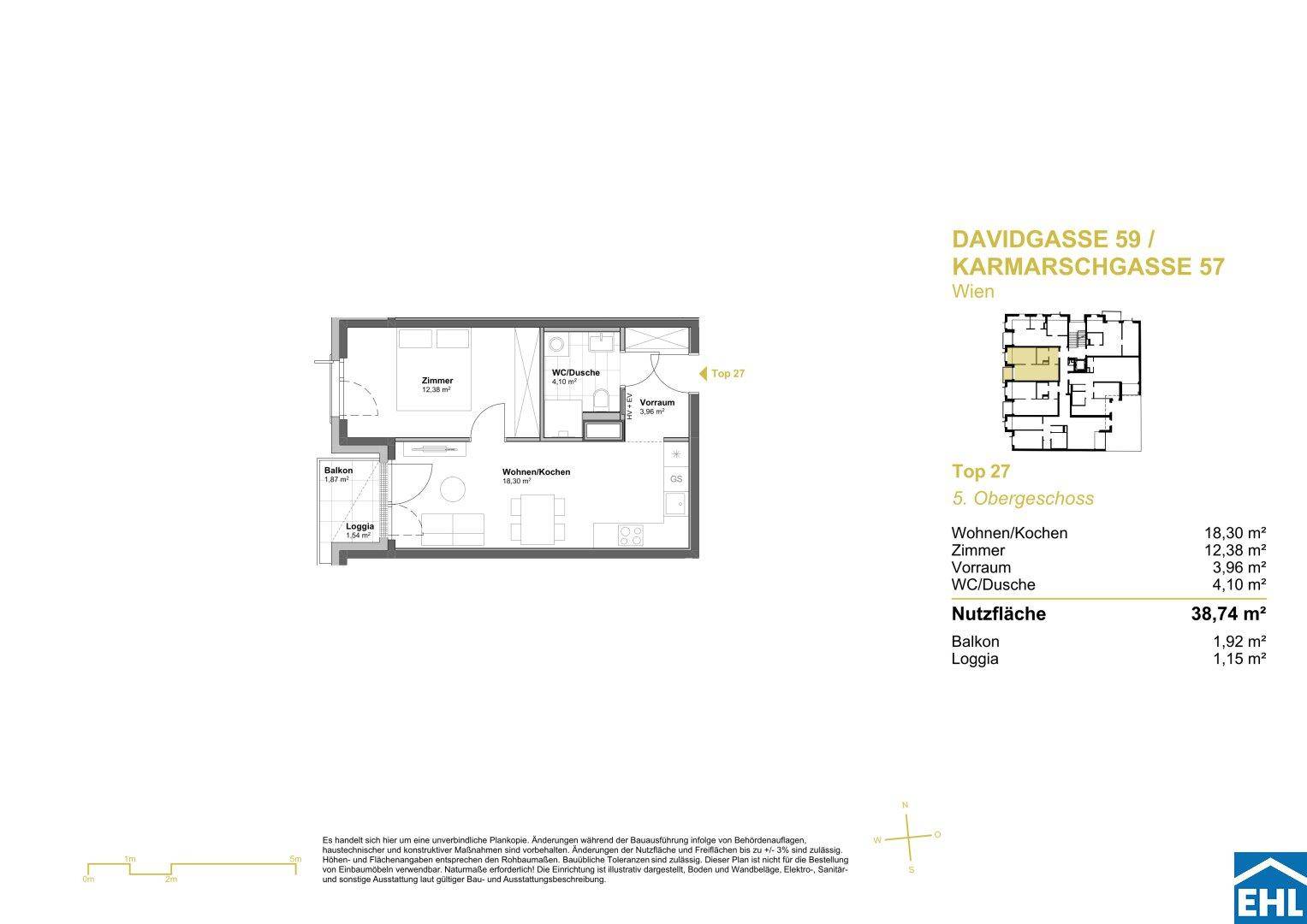 Grundriss einer Wohnung im 5. Obergeschoss mit Balkon, Loggia und offenem Wohn-/Kochbereich.