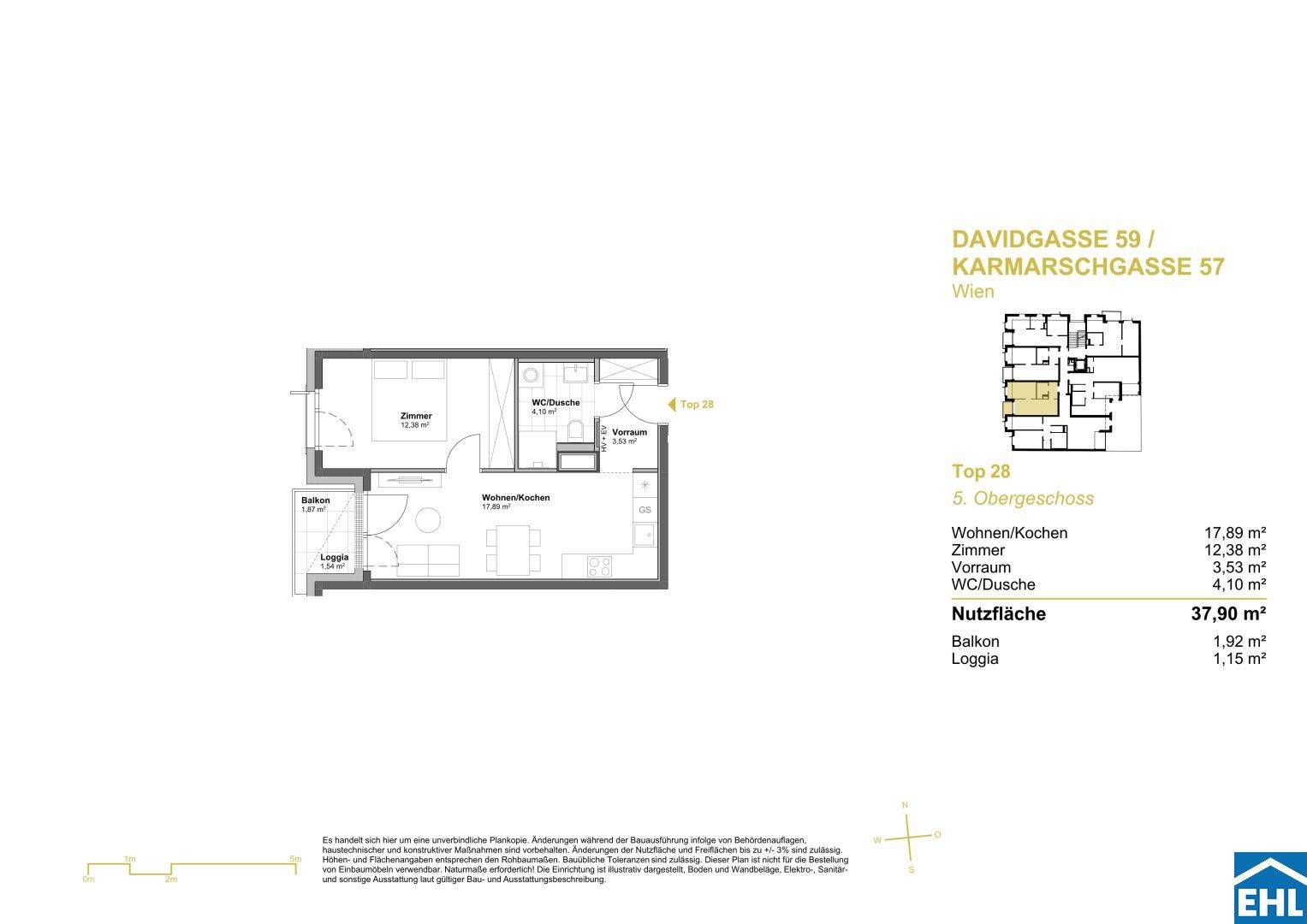 Grundriss einer Wohnung mit Wohnküche, Schlafzimmer, Bad und Loggia im 5. Obergeschoss.