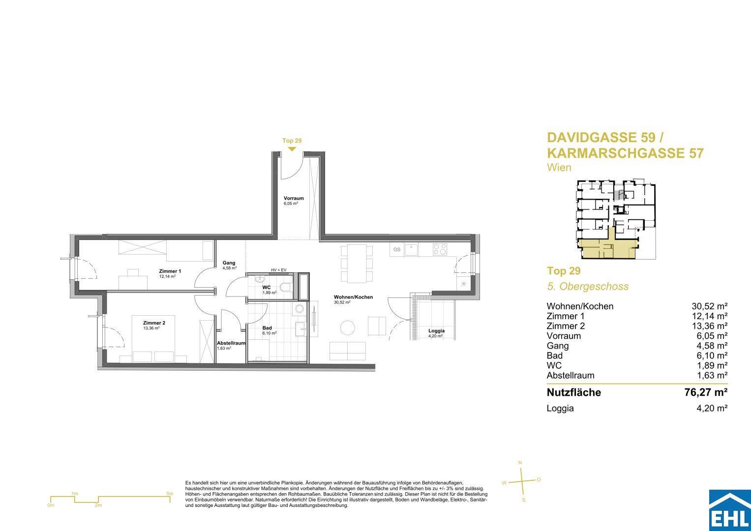 Grundriss einer Wohnung mit zwei Zimmern, offenem Wohn-/Kochbereich und Loggia.