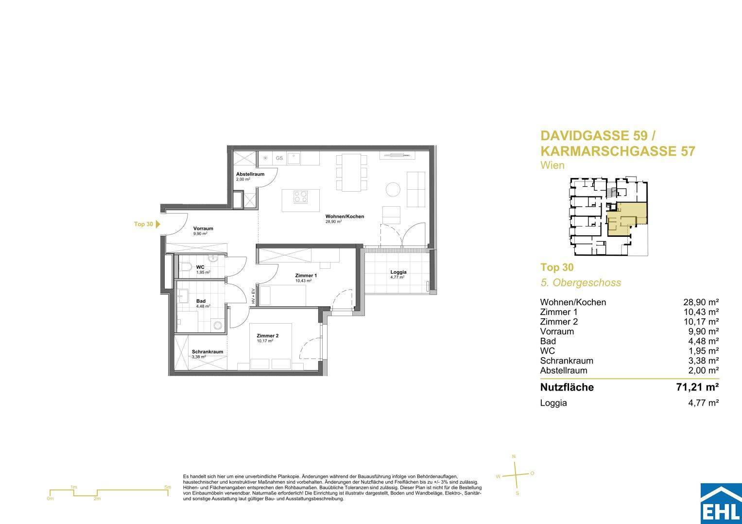 Grundriss einer Wohnung im 5. Obergeschoss mit Loggia, zwei Schlafzimmern und offenem Wohn-/Kochbereich.