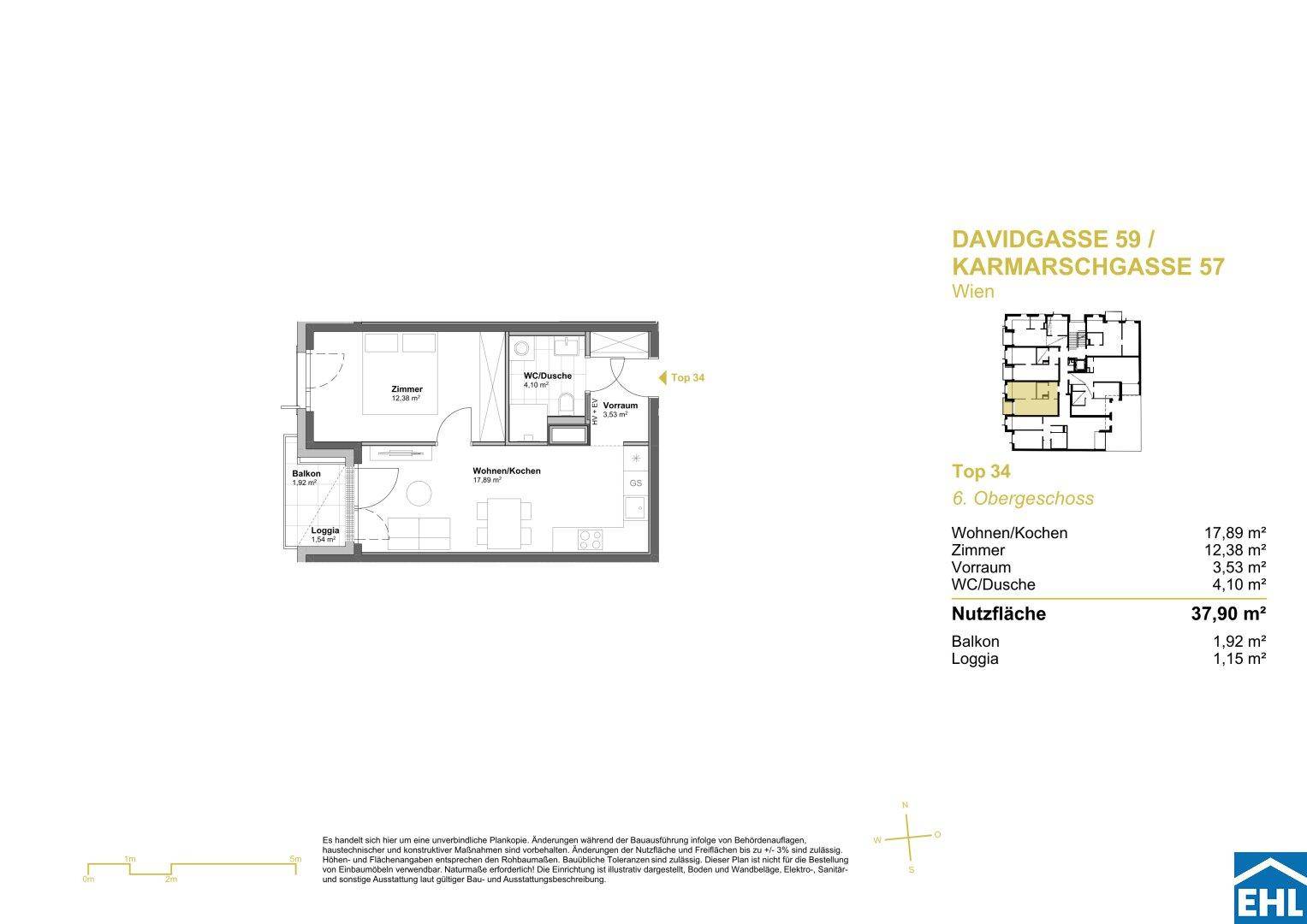 Grundriss einer Wohnung mit Wohn-/Kochbereich, Zimmer, Bad und Zugang zu Balkon und Loggia.