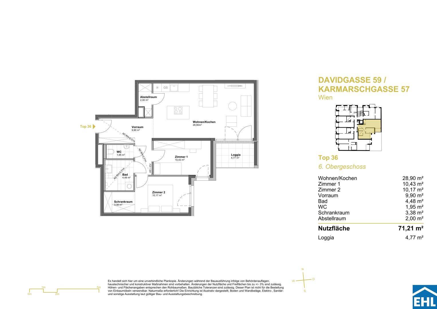 Grundriss einer Wohnung mit Wohnküche, zwei Zimmern, Bad und Loggia.