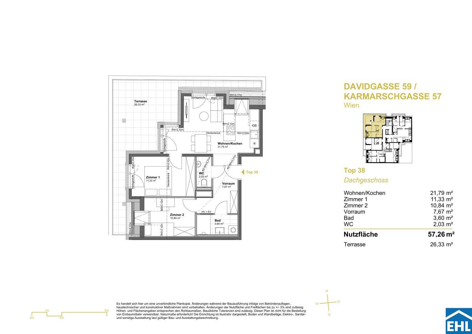Grundriss der Dachgeschosswohnung Top 38 mit Terrasse und zwei Schlafzimmern.