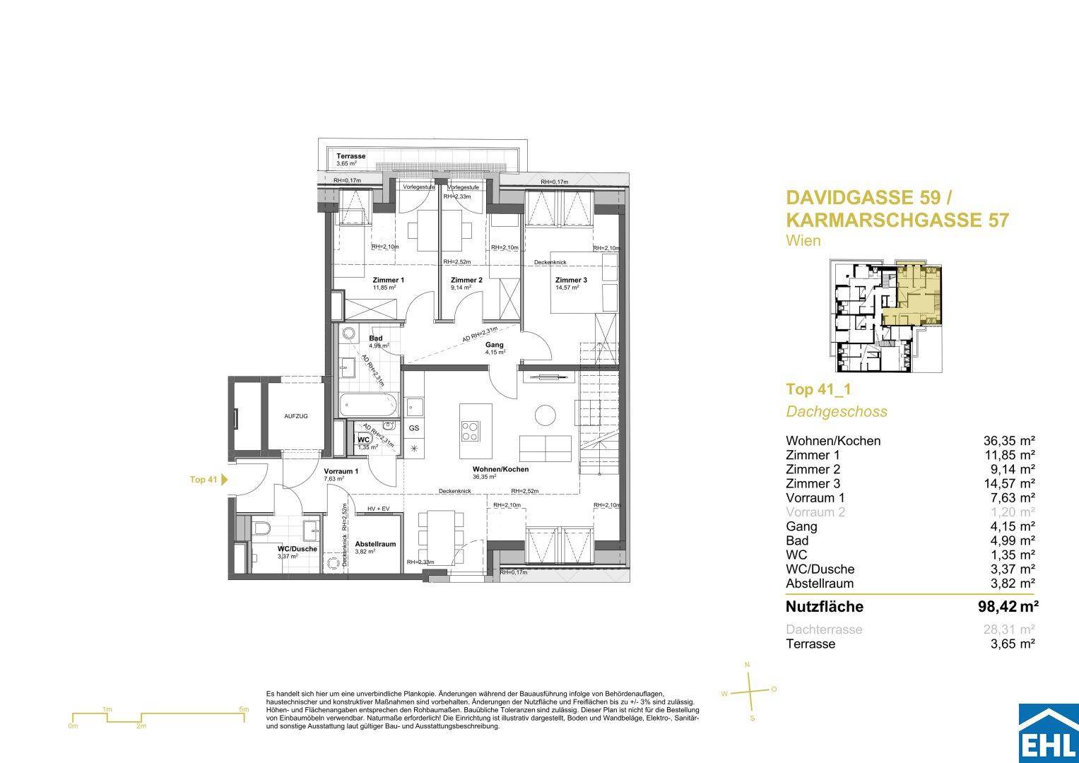 Grundriss einer Dachgeschosswohnung mit drei Zimmern und großer Dachterrasse.